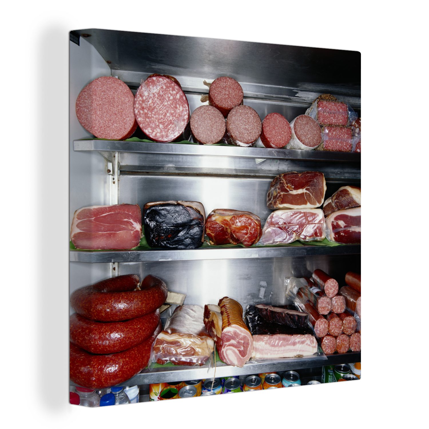 OneMillionCanvasses® Leinwandbild Ein Kühlschrank voller Delikatessen aus der Metzgerei, (1 St), Leinwand Bilder für Wohnzimmer Schlafzimmer