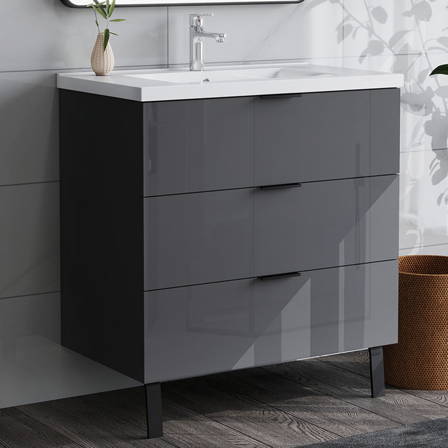 duschspa Waschtisch Badmöbel Set Waschbecken mit Unterschrank Badezimmer Möbel Schrank (Hängeschrank, mit Schrankfüße), Hochglanz; ca. 85cm hoch, 60/80cm breit