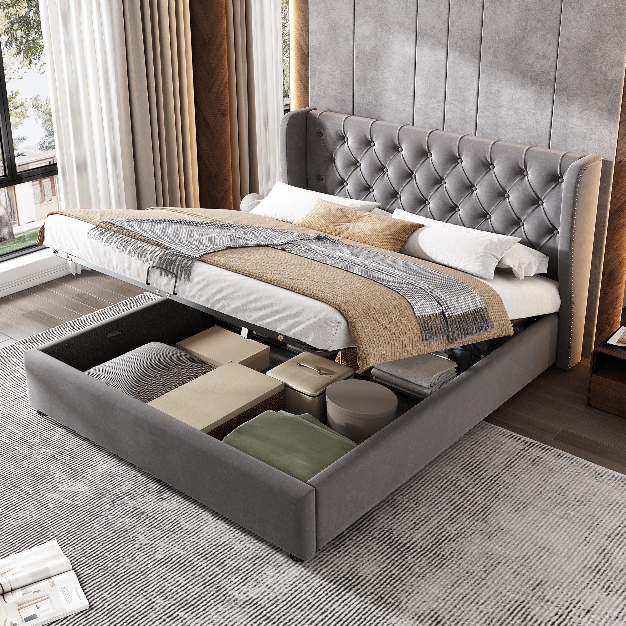 MODFU Polsterbett Doppelbett mit Bettkasten gepolstertem Kopfteil (Massivholz Untergestell mit Hydraulisch anhebbarer Bettstauraum, Samt Bezug Funktionsbett, 140x200 cm Ohne Matratze), mit weichem Kopfteil Schaum-Polsterung Ohrenform Große Knopfnähte