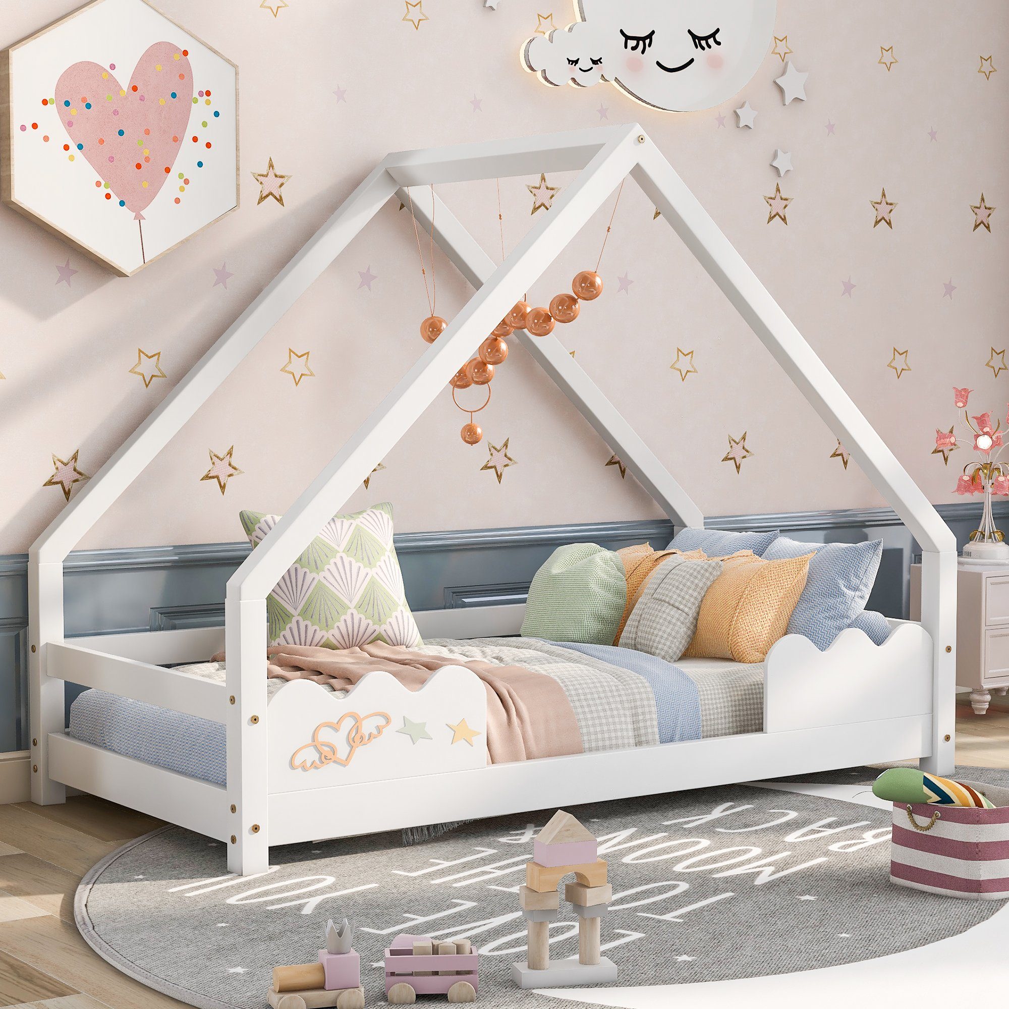 Einzelbett (1-tlg., Massivholzbett Kinderbett), Hausbett 80x160cm mit Rausfallschutz & Lattenrost, Hausoptik mit Dach