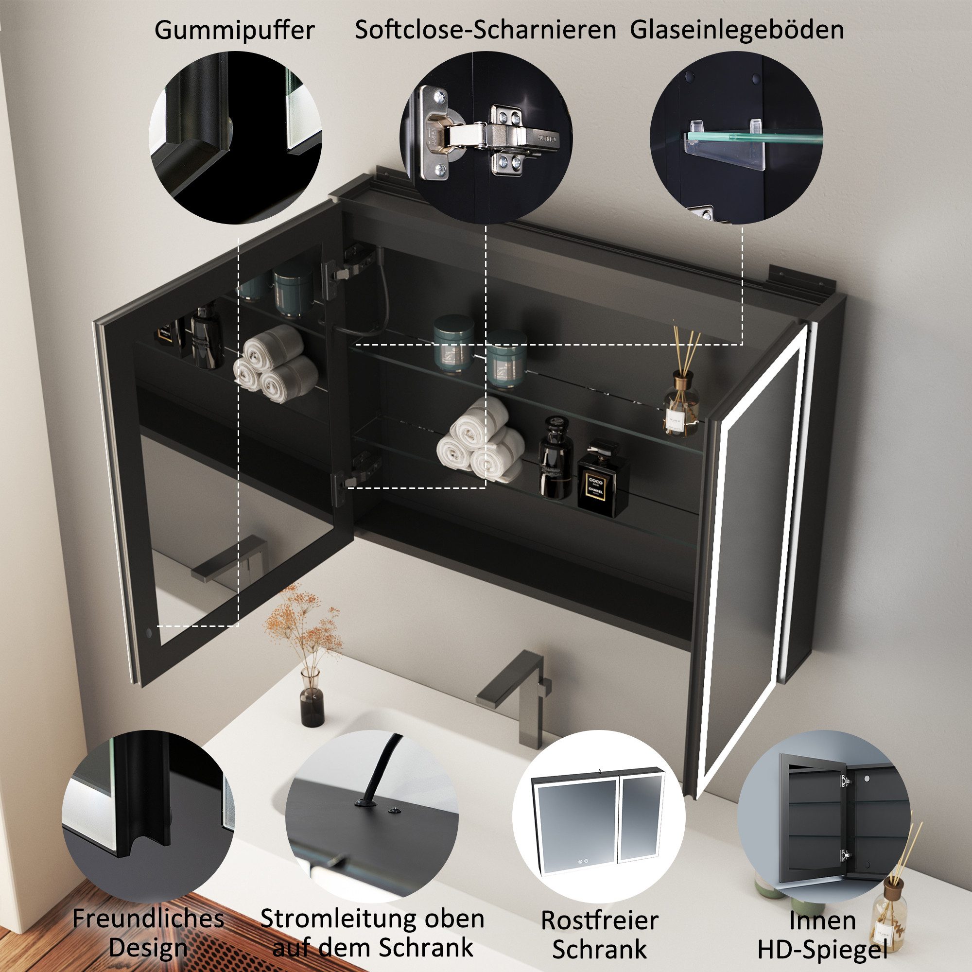 WDWRITTI Spiegelschrank Schwarz Metall Badezimmerspiegelschrank mit 3Lichtmodi Anti-fog 80x60 (Badschrank mit Spiegel Hängeschrank Doppeltür, Helligkeit dimmbar, Speicherfunktion) Alu-Schranktür, Doppelseitiger Spiegel, Verstellbare Glasböden