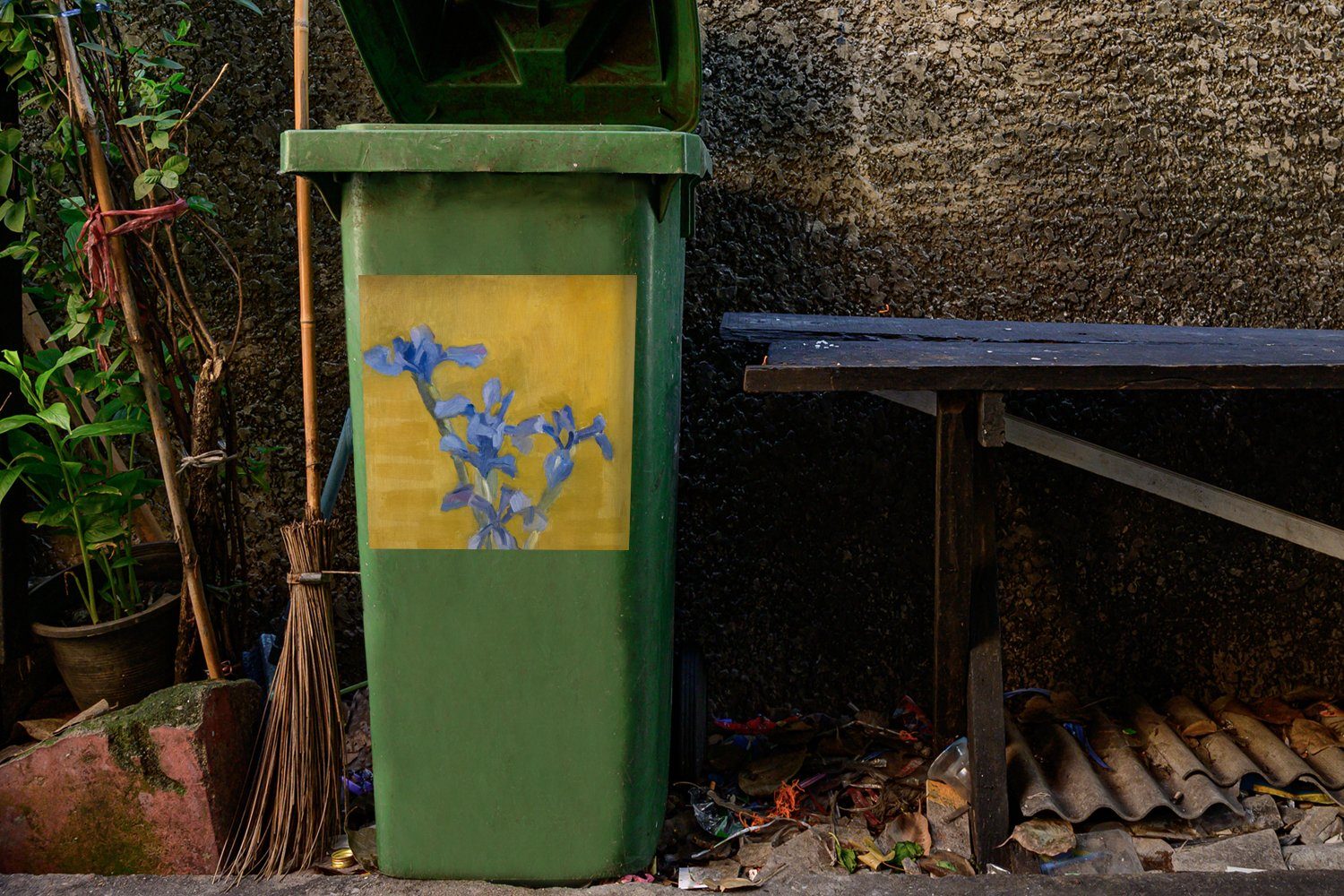 Wandsticker - Mülleimer-aufkleber, Schwertlilien MuchoWow St), Sticker, (1 Abfalbehälter - Alte Piet Meister Mülltonne, Container, Mondrian