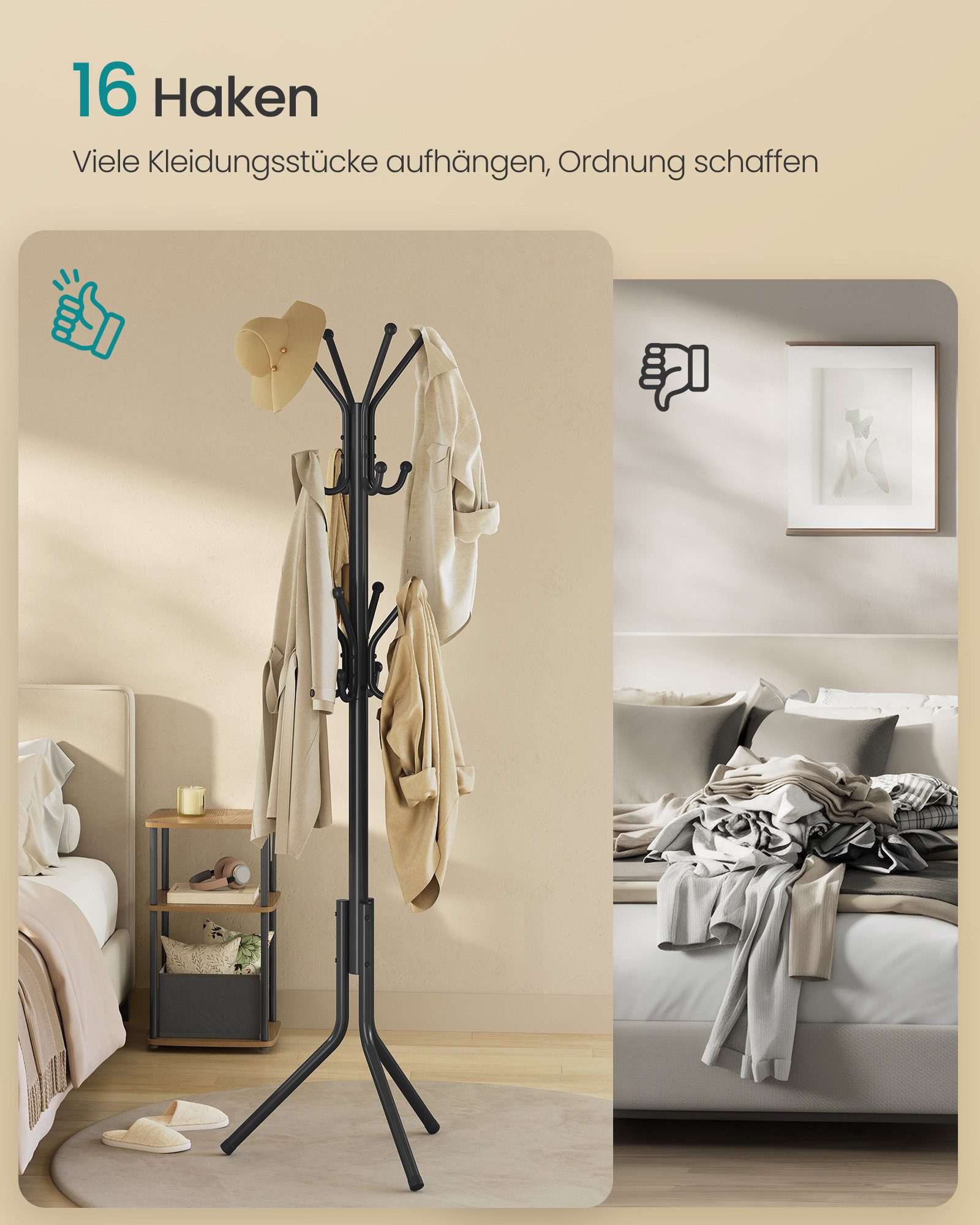 SONGMICS Garderobenständer Kleiderständer, Garderobe, für Kleidung, Taschen und Hüte, Höhe 175 cm, Metall, 16 Haken, Eingangsbereich, Wohnzimmer, Schlafzimmer, schwarz