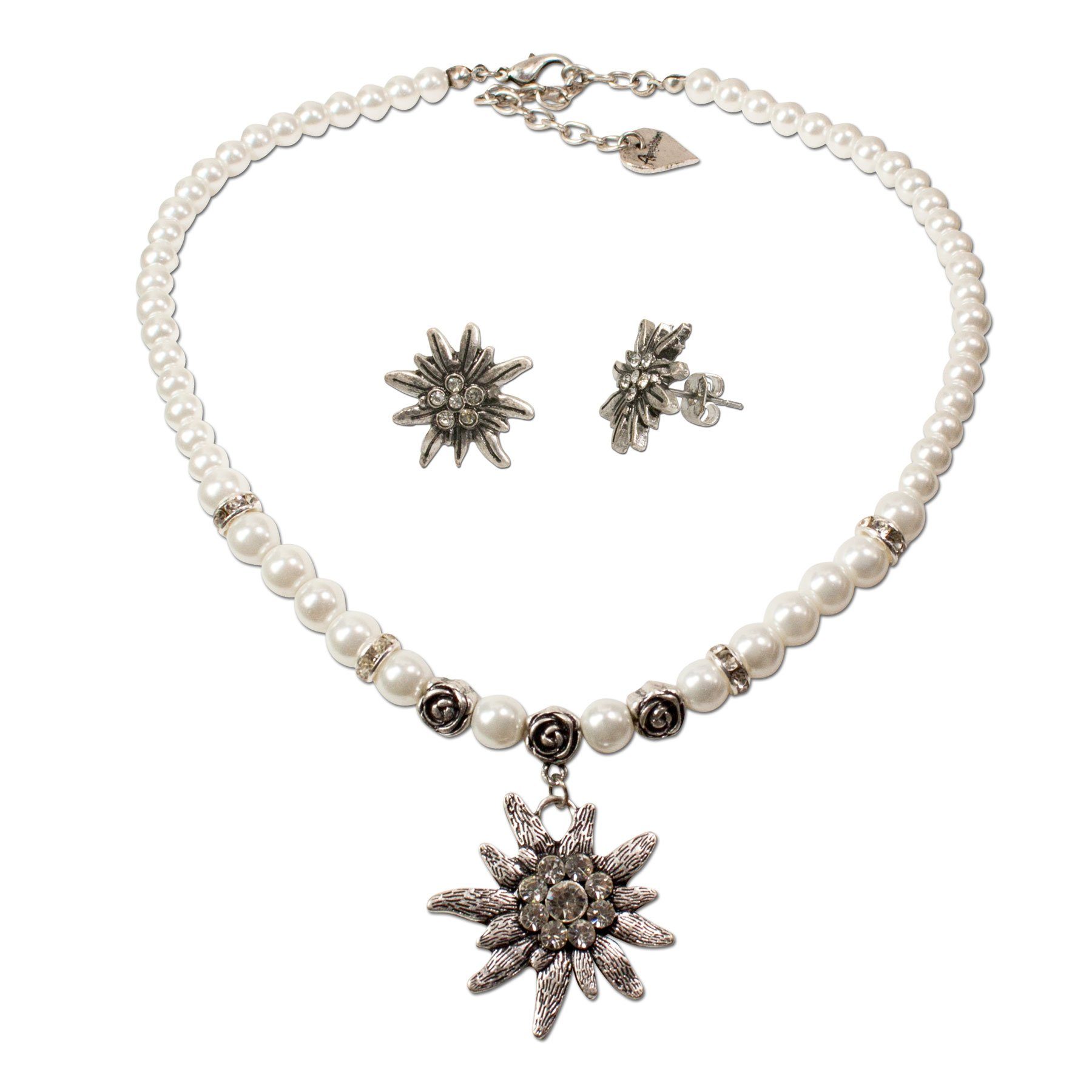 Ketten-Set Trachtenschmuck-Set Perlen-Trachtenkette und Ohrstecker Strass-Edelweiß (creme-weiß)