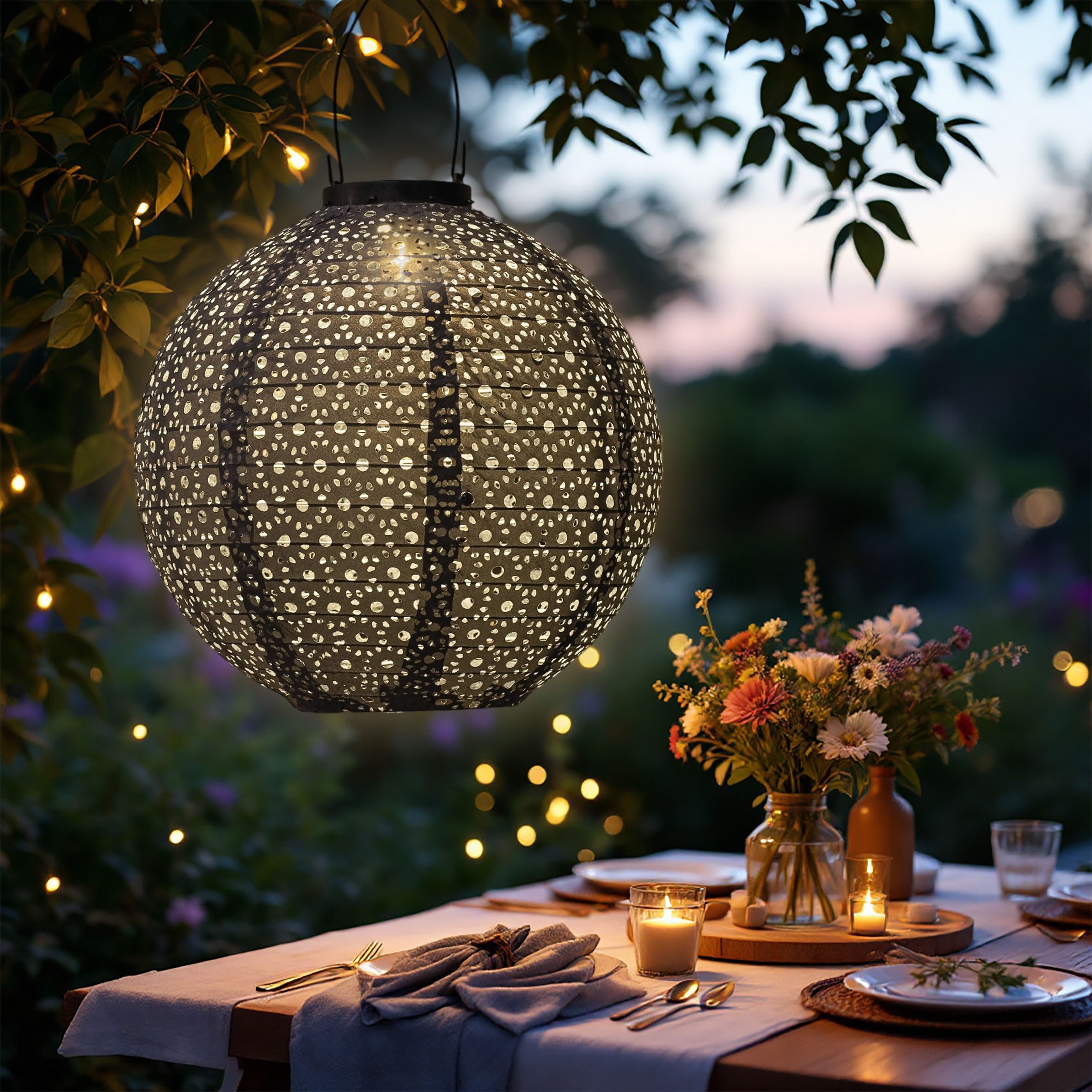 Spetebo LED Lampion Solar Textil Laterne Garten Deko Beleuchtung, Einschaltautomatik, LED fest integriert, warm weiß, Solar betrieben