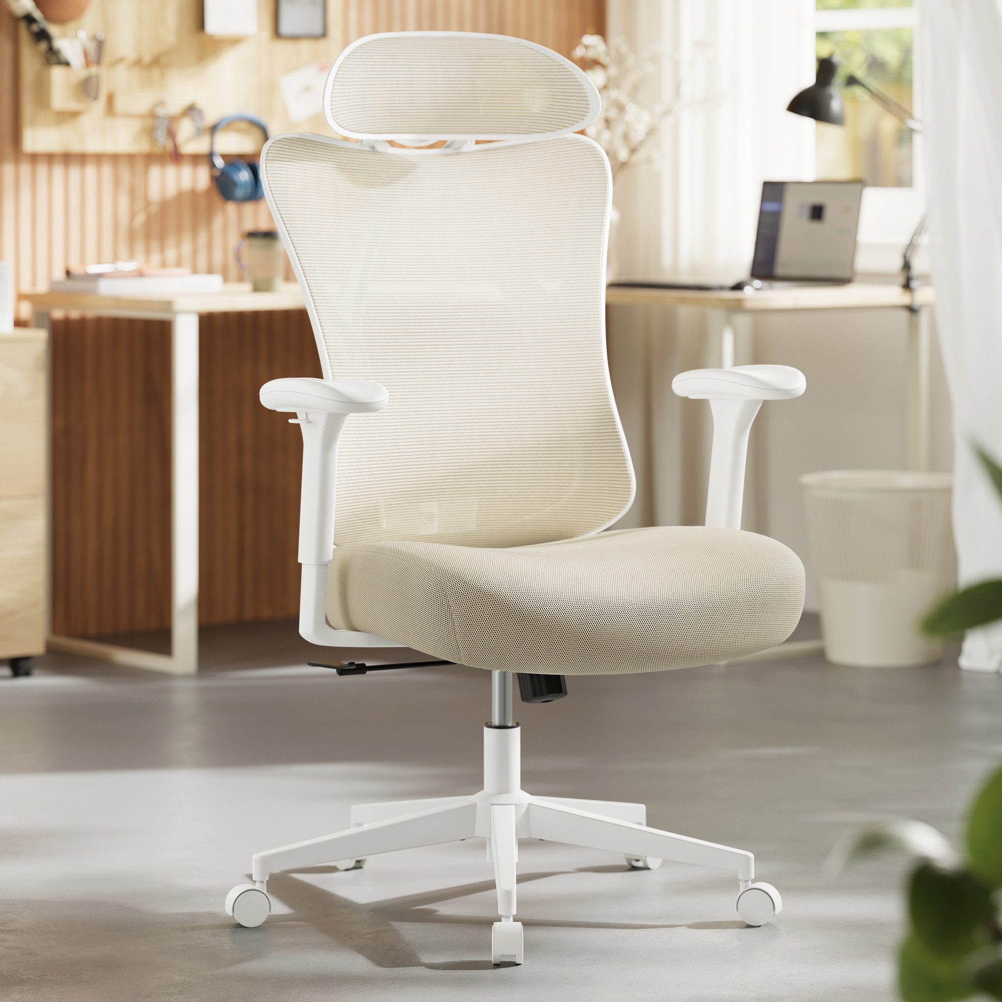 SONGMICS Bürostuhl ergonomischer Schreibtischstuhl, Computerstuhl, 70 x 70 x (115-125) cm, verstellbare Lendenstütze und Kopfstütze, bis 150 kg belastbar, beige