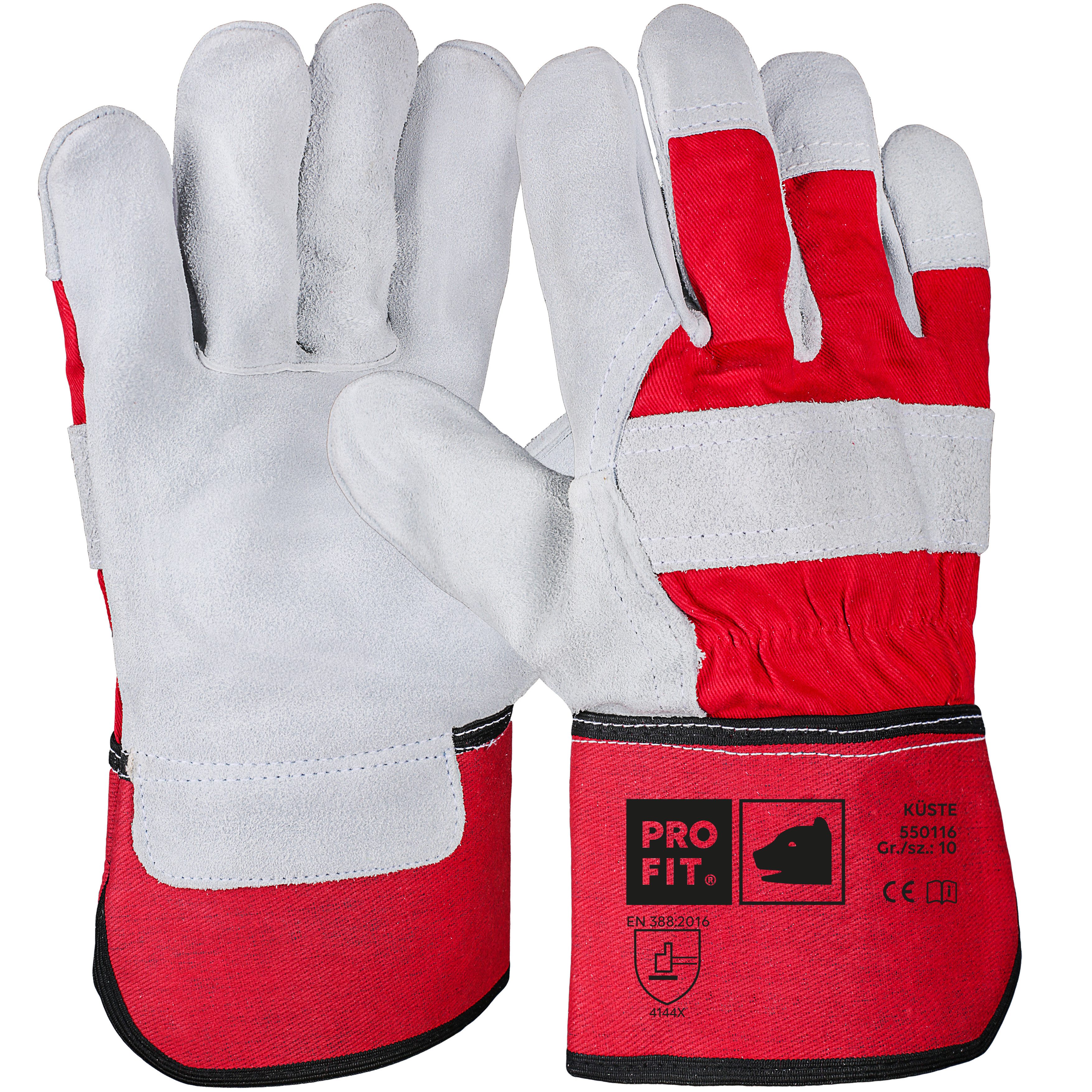 PRO FIT Leder-Arbeitshandschuhe Küste, Rindspaltleder Handschuhe, Handwerks-Handschuhe (12, Paar) mit Canvas-Stulpe, Weich & Flexibel, Innenhandfutter