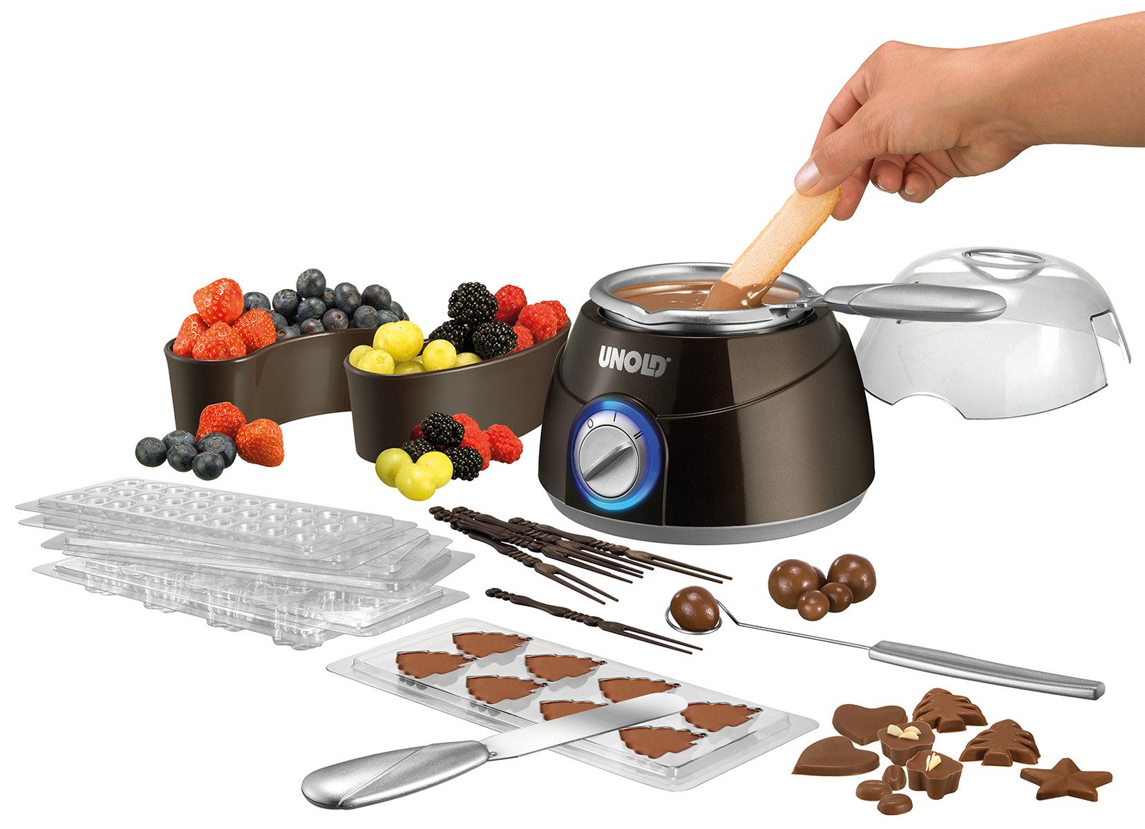 Unold Fondue Unold 48967 Chocolatier Weihnachtsedition, 0,25 l, entnehmbarer Topf 2 Temperaturstufen mit umfangreichem Zubehör
