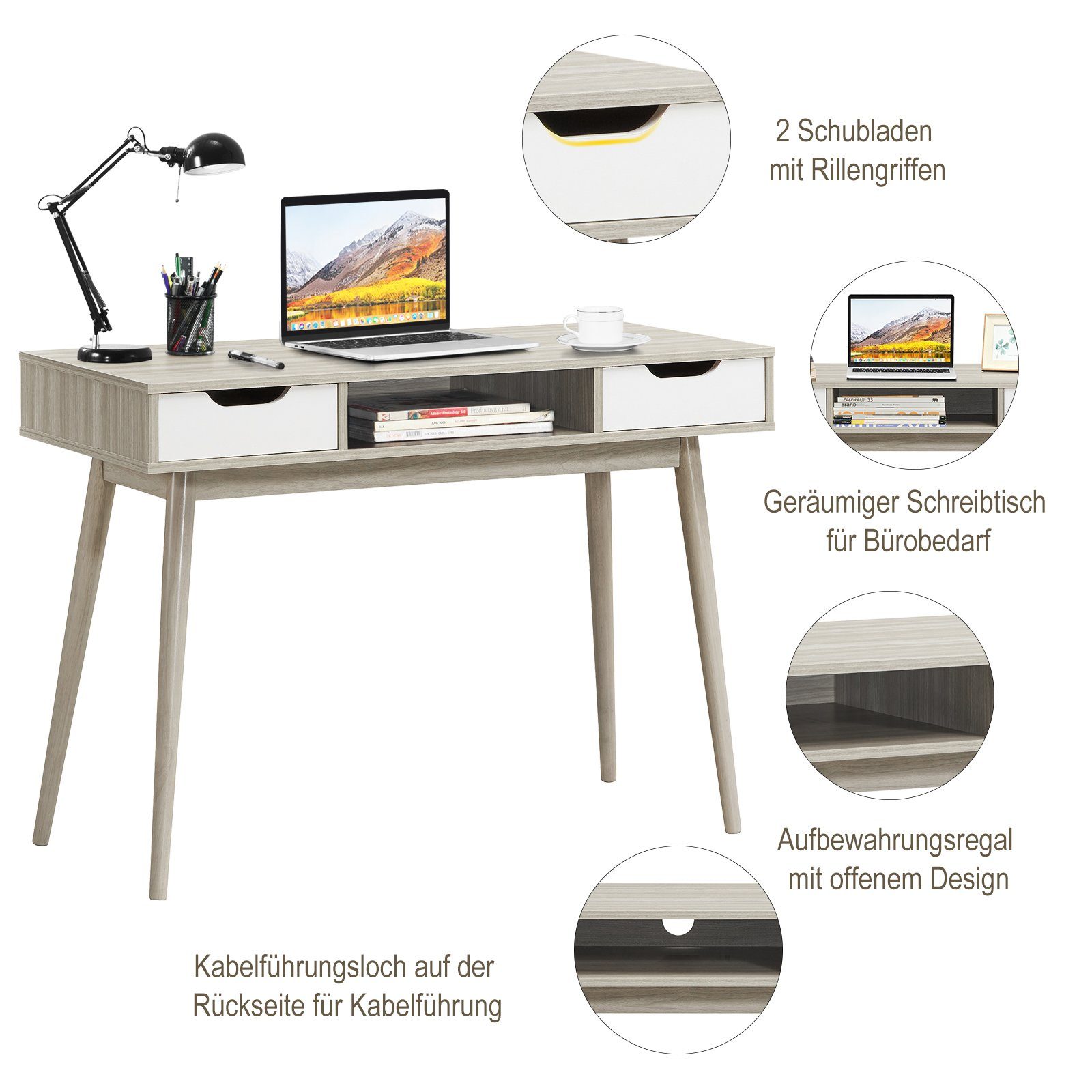 Computertisch, 110x50x78,6cm Fach, 2 COSTWAY mit offenem & Grau Schubladen