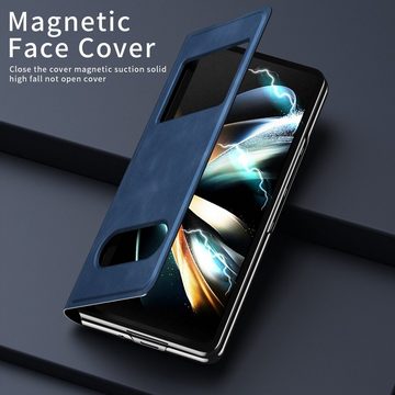 Wigento Handyhülle Für Samsung Galaxy Z Fold4 5G Window View Flip Cover Kunstleder Handy Tasche Hülle Etuis D-Blau