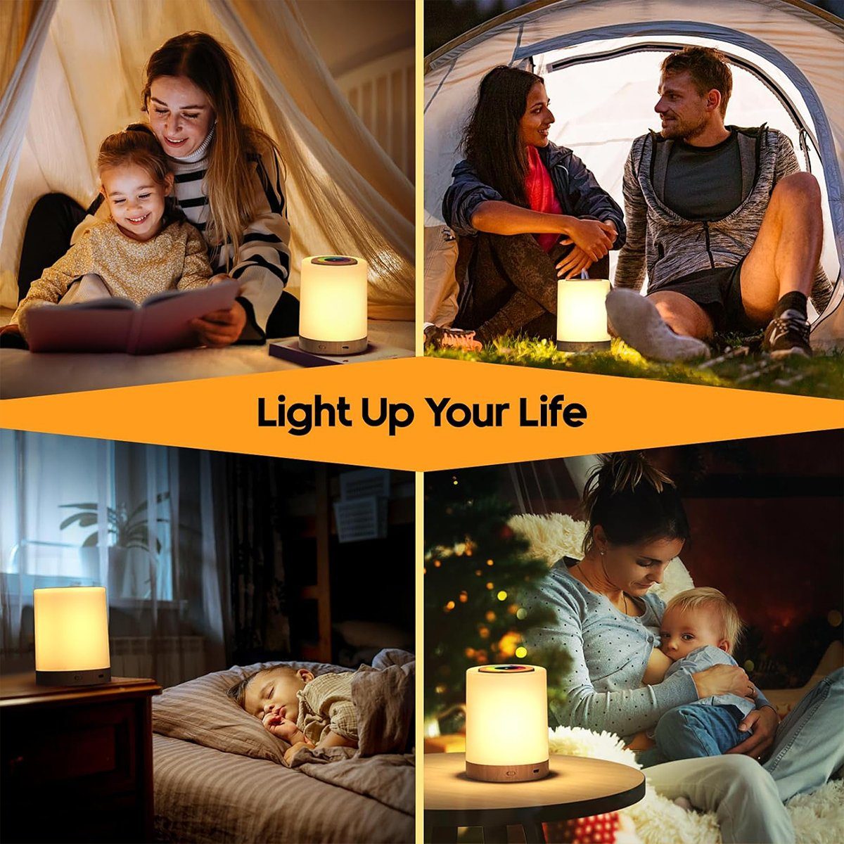 Nachttischlampe Tischlampe LED autolock Holzmaserung Modi und Dimmbar Touch mit 3 Aufladbar USB 13 Nachttischlampe Nachtlicht, Farben