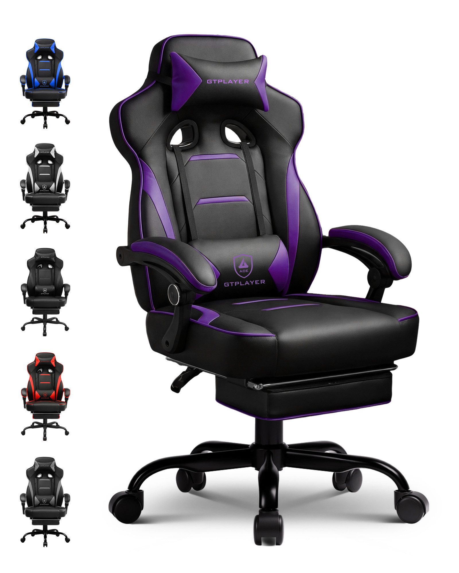GTPLAYER Gaming-Stuhl Bürostuhl Schreibtischstuhl mit Kopf- und Lendenstütze, bis 180kg, Kunstleder Hohe Rückenlehne Verstellbarer Drehsessel