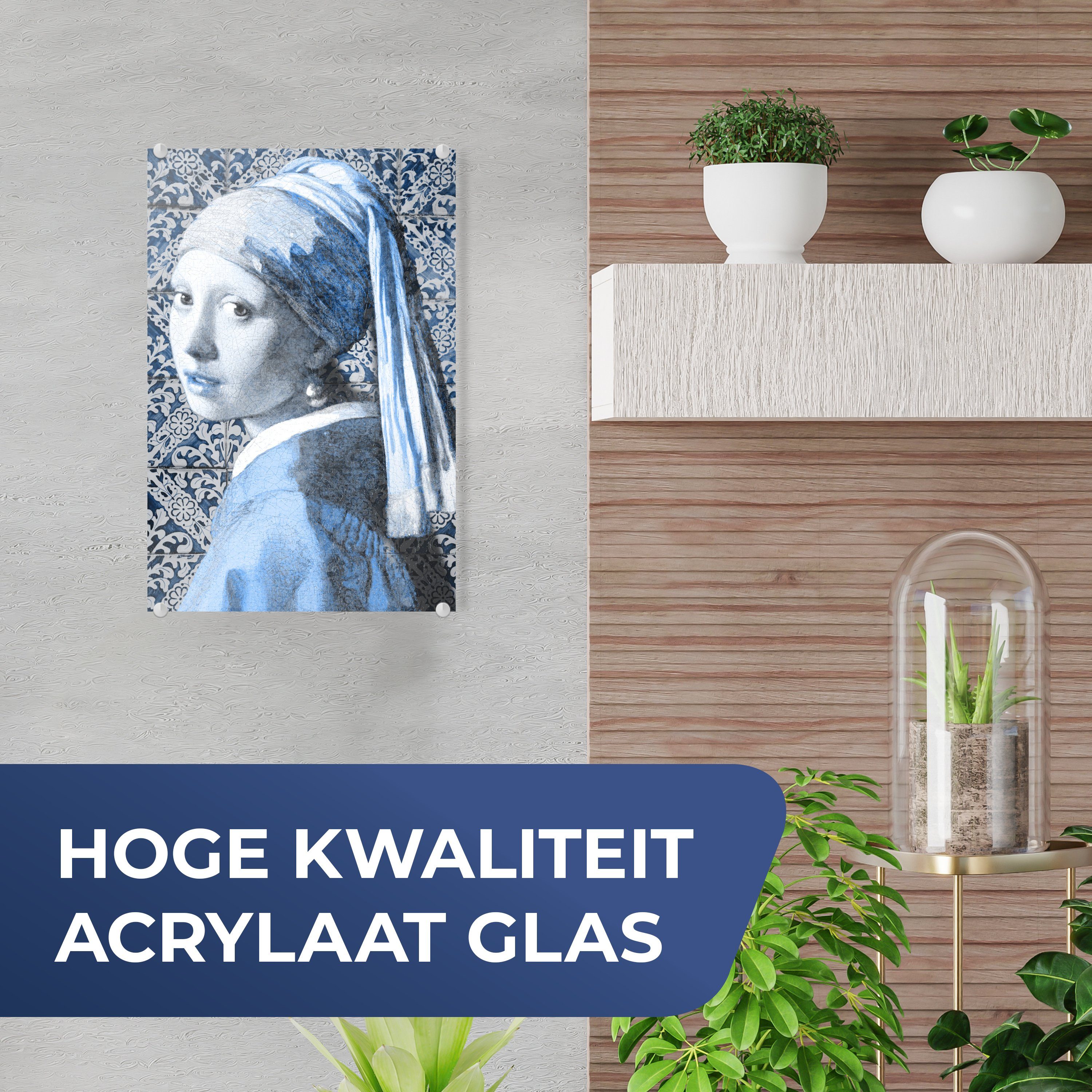 Delfter Mädchen - Acrylglasbild auf Johannes - Wanddekoration mit auf - Glas Glasbilder MuchoWow Foto St), Vermeer Glas - - Perlenohrring Blau, (1 Bilder Wandbild