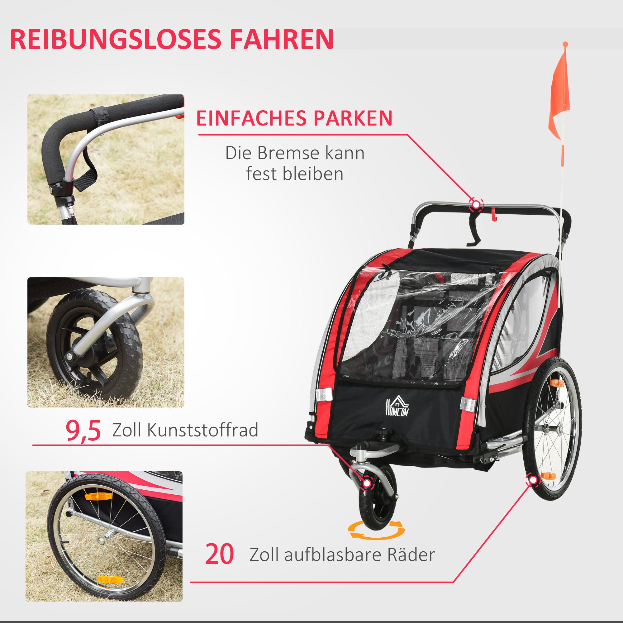 HOMCOM Fahrradkinderanhänger Kinderanhänger, Fahrradanhänger für 2 Kinder, rot, 2-in-1 Kinderanhänger – Bild 5 von 5
