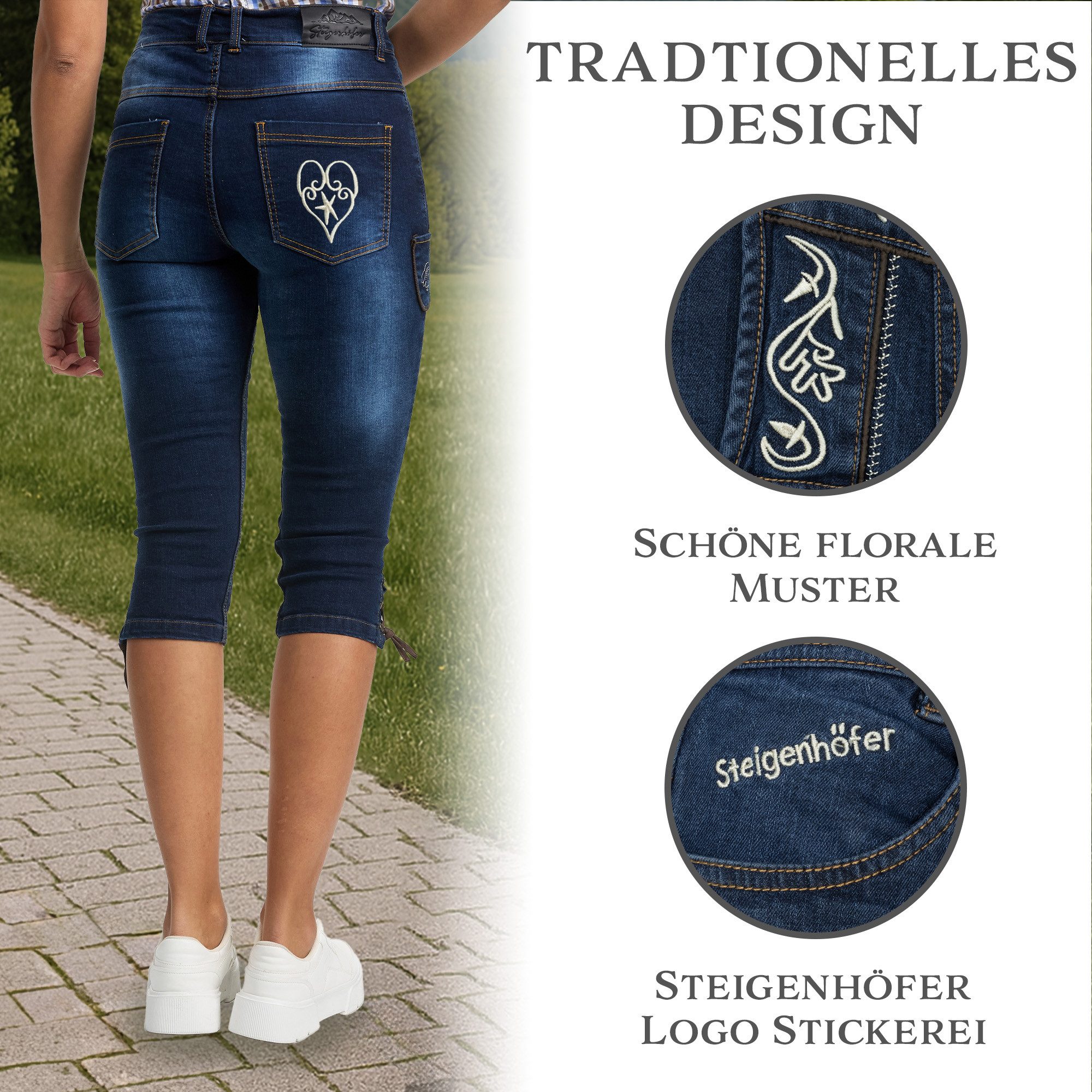 Steigenhöfer Manufaktur Trachtenjeans im Lederhosen Look - Damen Shorts - Stretch für Komfort - Capri Jeans Traditionelles Design - Ideal für Oktoberfest usw. - auch als 3/4 Hose