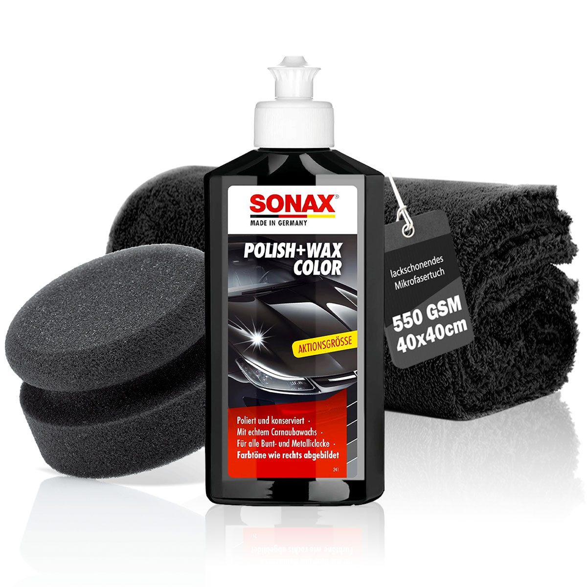 Sonax Polish&Wax Schwarz 250ml + Polierschwamm + Tuch Autopolitur (3 St), Auto Hand Politur Set