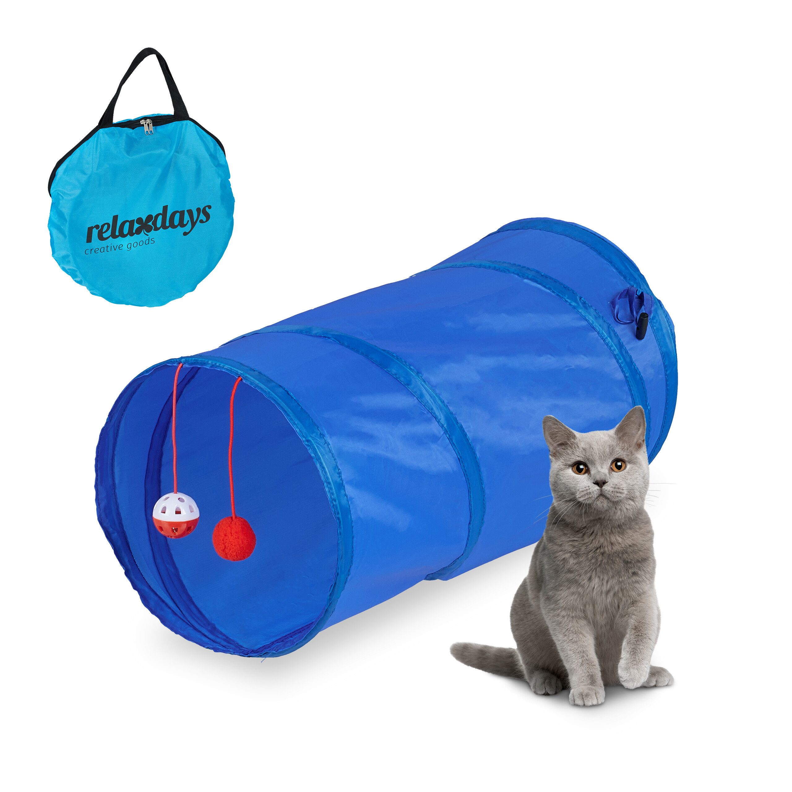 relaxdays Kleintiertunnel Faltbarer Katzentunnel mit Spielzeug, Polyester, blau