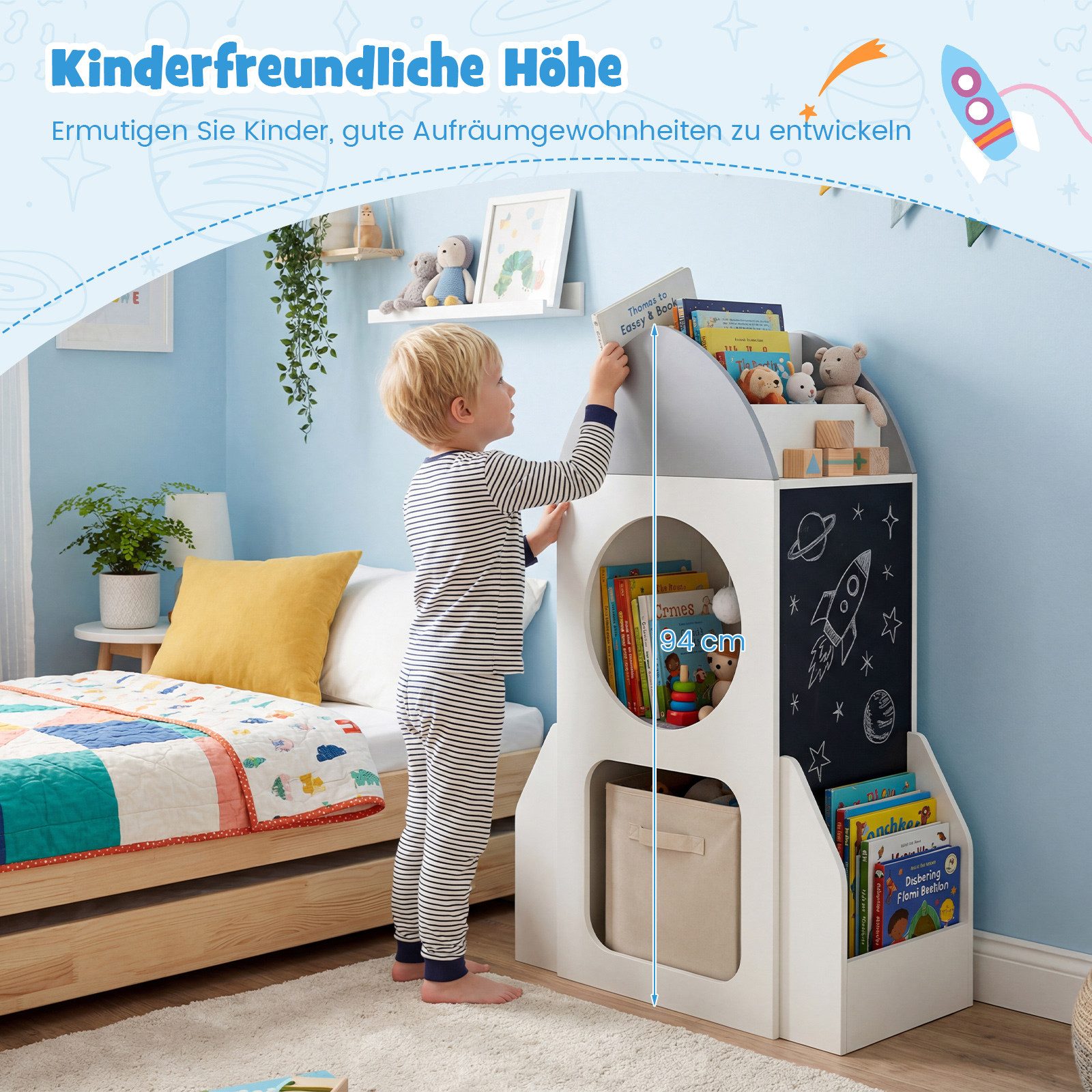 COSTWAY Kinderregal, Raketen-Weltraum-Thema, mit Tafel & 3-stufiges Regal
