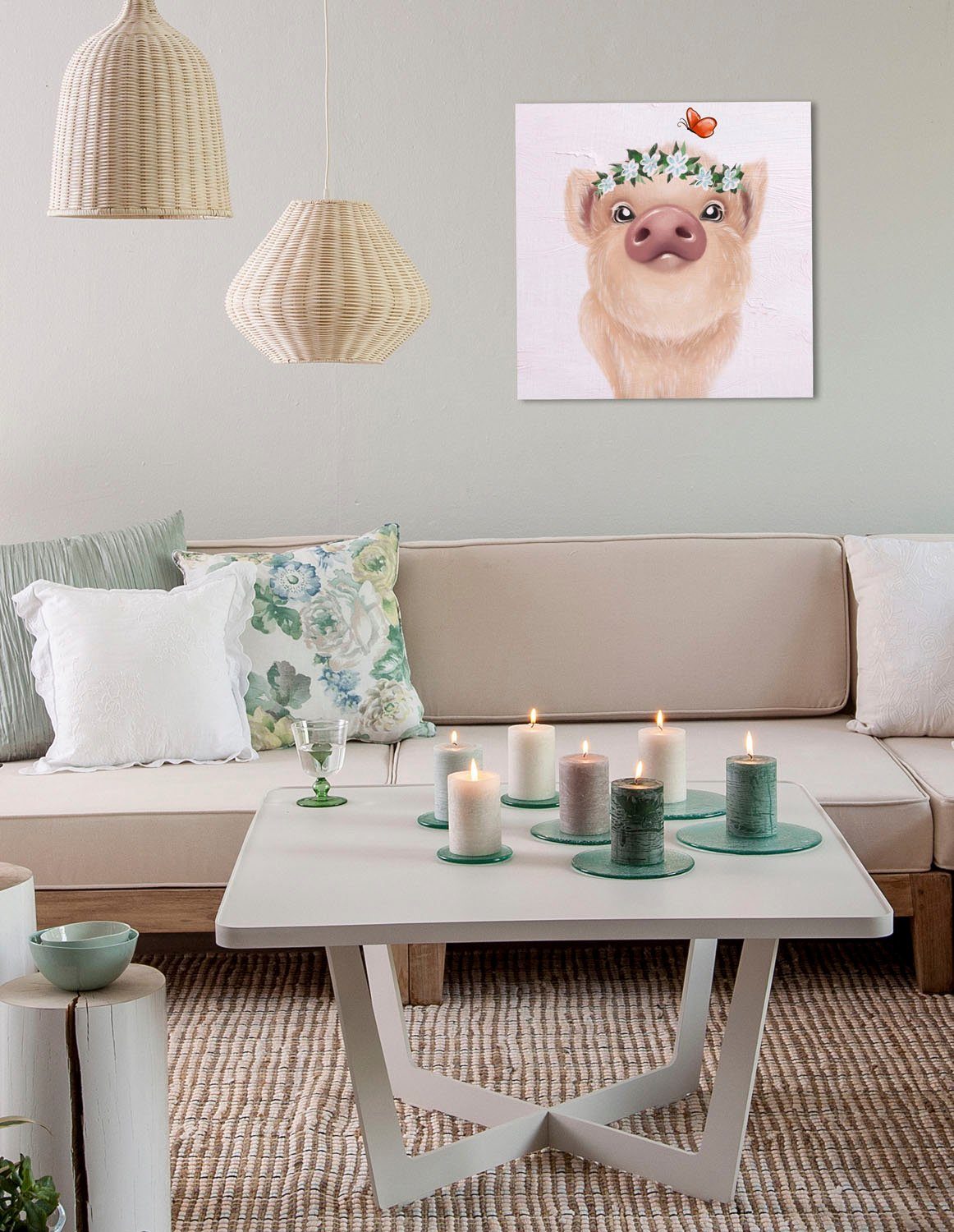 queence Leinwandbild Addi, Blumen, Blumenbilder, Kunst, Schmetterlinge, Schwein, Schweine (1 St), Premium-Leinwandstoff, Handarbeit aus Deutschland