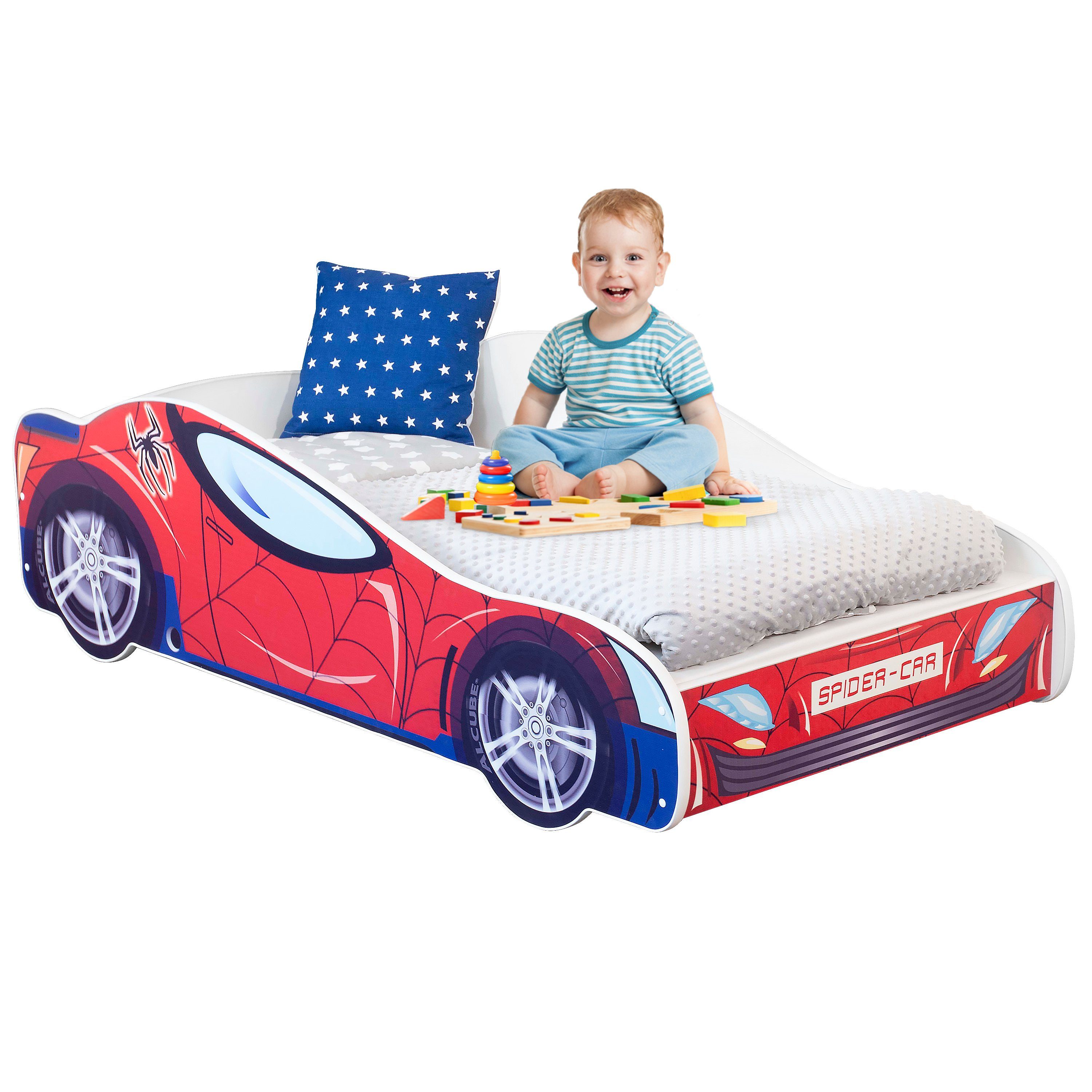 Alcube Rennwagenbett »SPIDER CAR«, Autobett 70×140 cm für kleine Rennfahrer im Spiderman Design mit Matratze, Lattenrost und Rausfallschutz,…