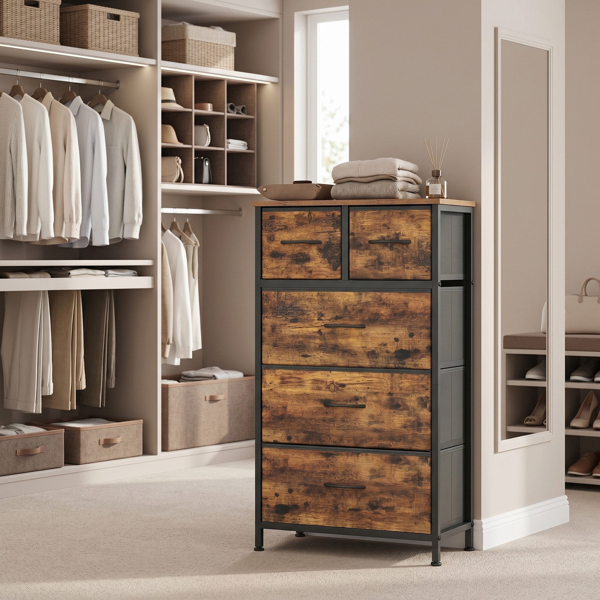 SONGMICS Kommode Schrank mit 3/4/5 Schubladen, Aufbewahrungsschrank, Stahl, MDF, Vliesstoff, für Schlafzimmer