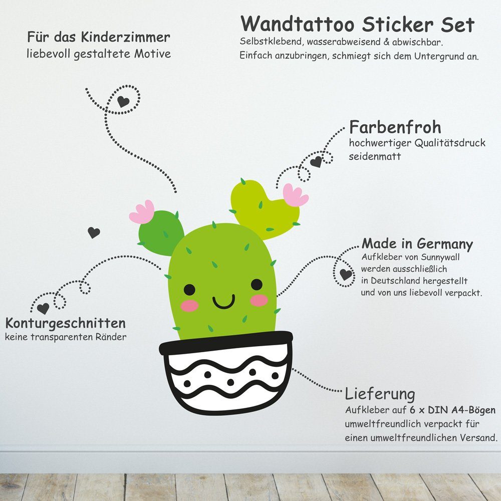 Sunnywall Wandtattoo Kaktus - Kakteen - Wandtattoo Kinderzimmer Baby (6 St), konturgeschnitten