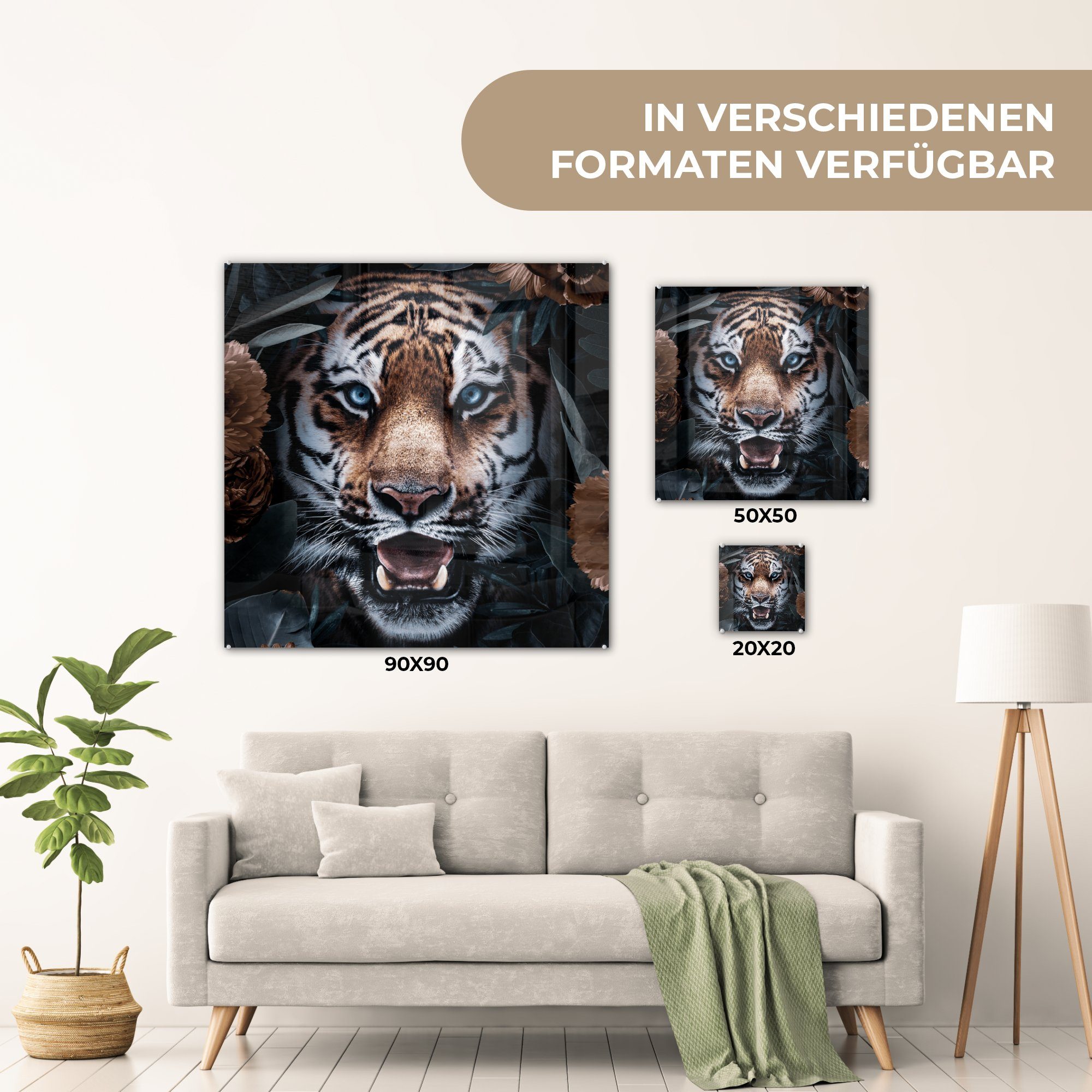 auf - - Glas Blumen Glasbilder - auf Glas - (1 Foto St), Wanddekoration - Wandbild Bilder Tiger MuchoWow Acrylglasbild Blatt,