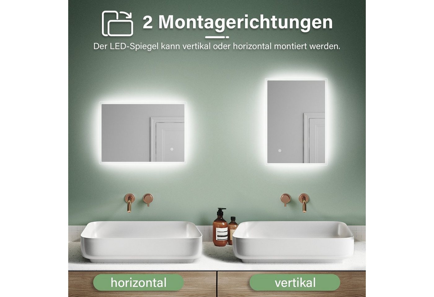 Thumbnail - SONNI Badspiegel 50x70 / 70x50, Badezimmerspiegel mit Beleuchtung, LED, Rasierspiegel, Anti-Beschlag-Funktion, IP 44, En...