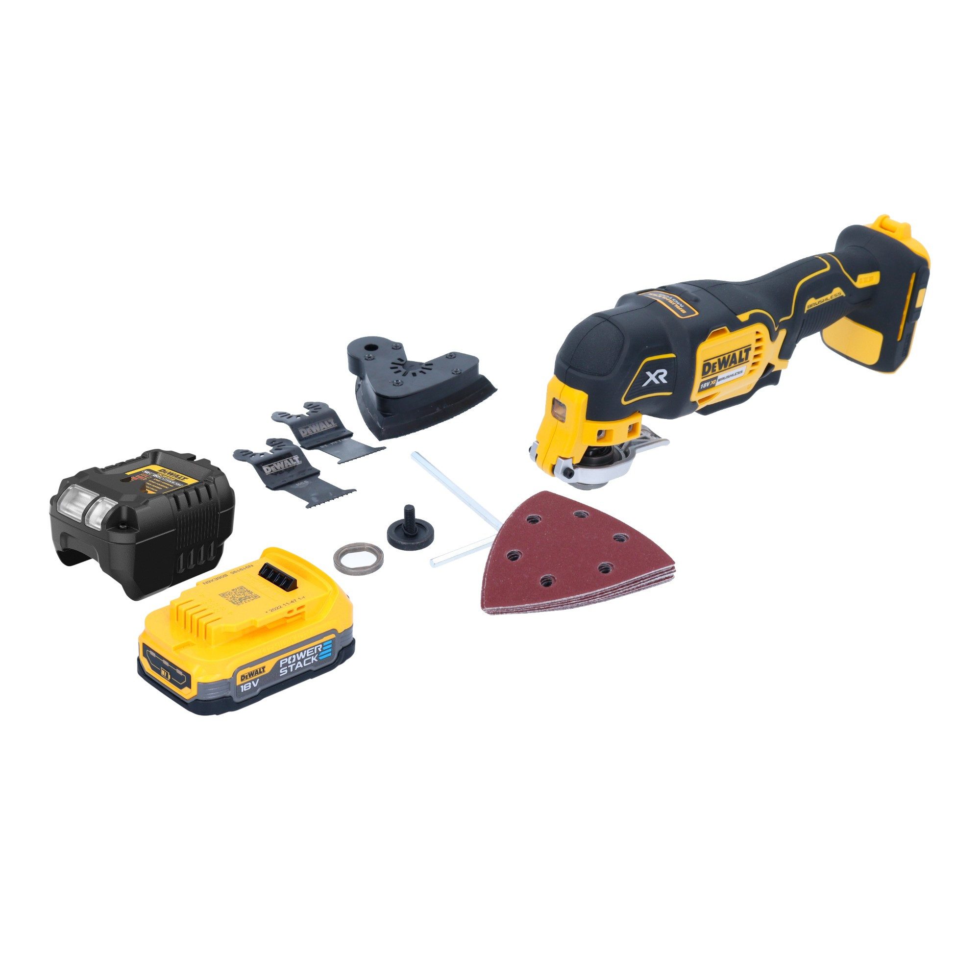 DeWalt Akku-Multifunktionswerkzeug DCS 355 E1 18 V Brushless + 1x Powerstack Akku 1,7Ah + Lader + Zubehör