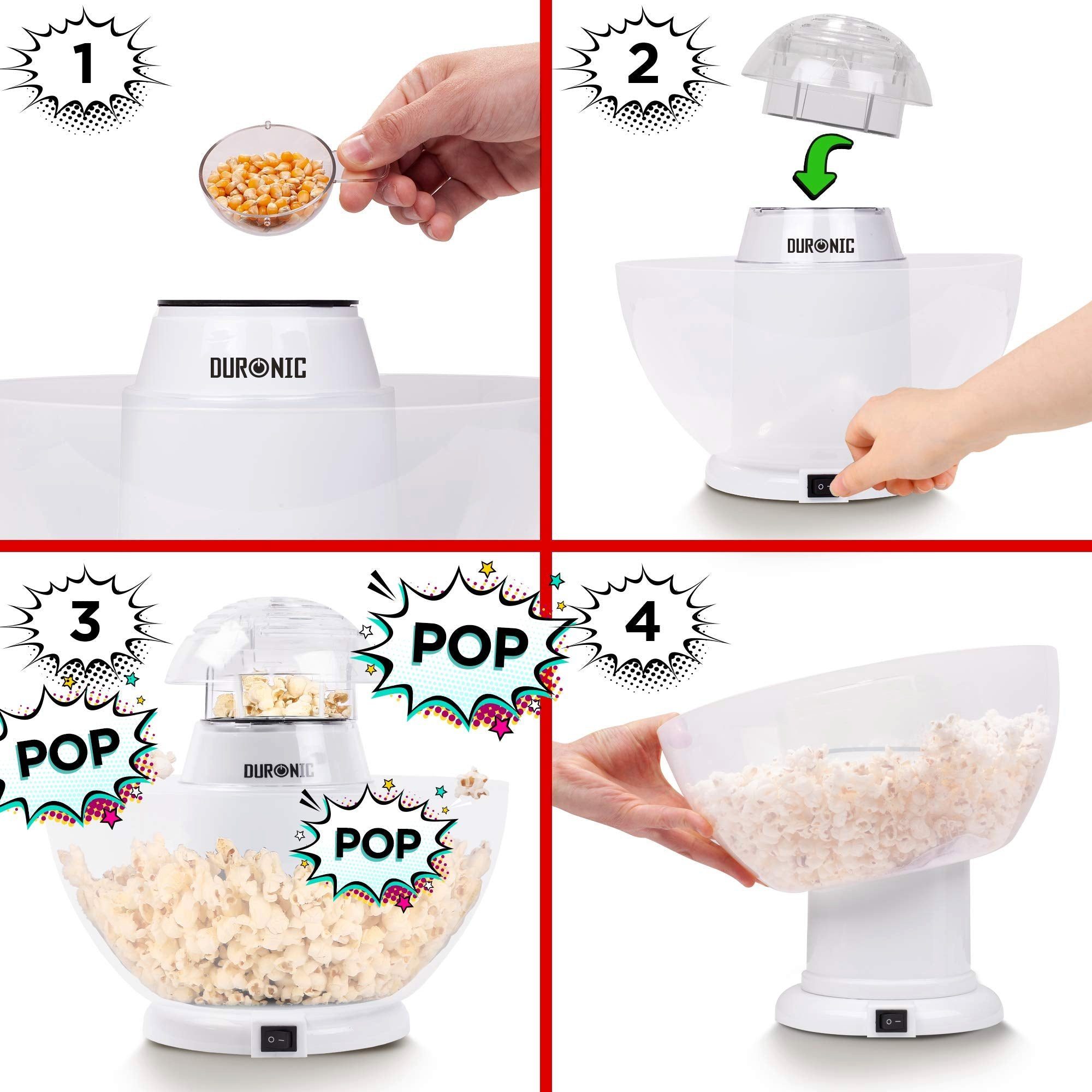 Duronic Popcornmaschine, POP50 WE Popcornmaschine, Heißluft ohne Fett & Öl, 1200 Watt