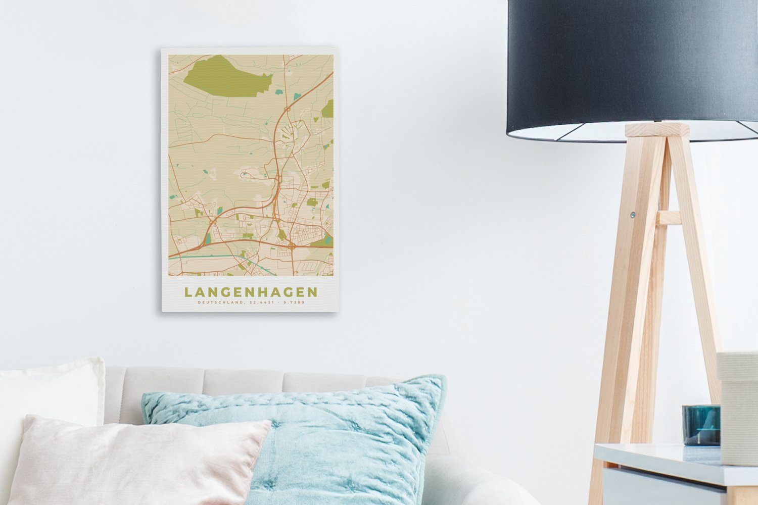 OneMillionCanvasses® Leinwandbild Langenhagen Vintage, Karte St), - Stadtplan Leinwandbild fertig - cm Zackenaufhänger, (1 Gemälde, inkl. 20x30 - bespannt
