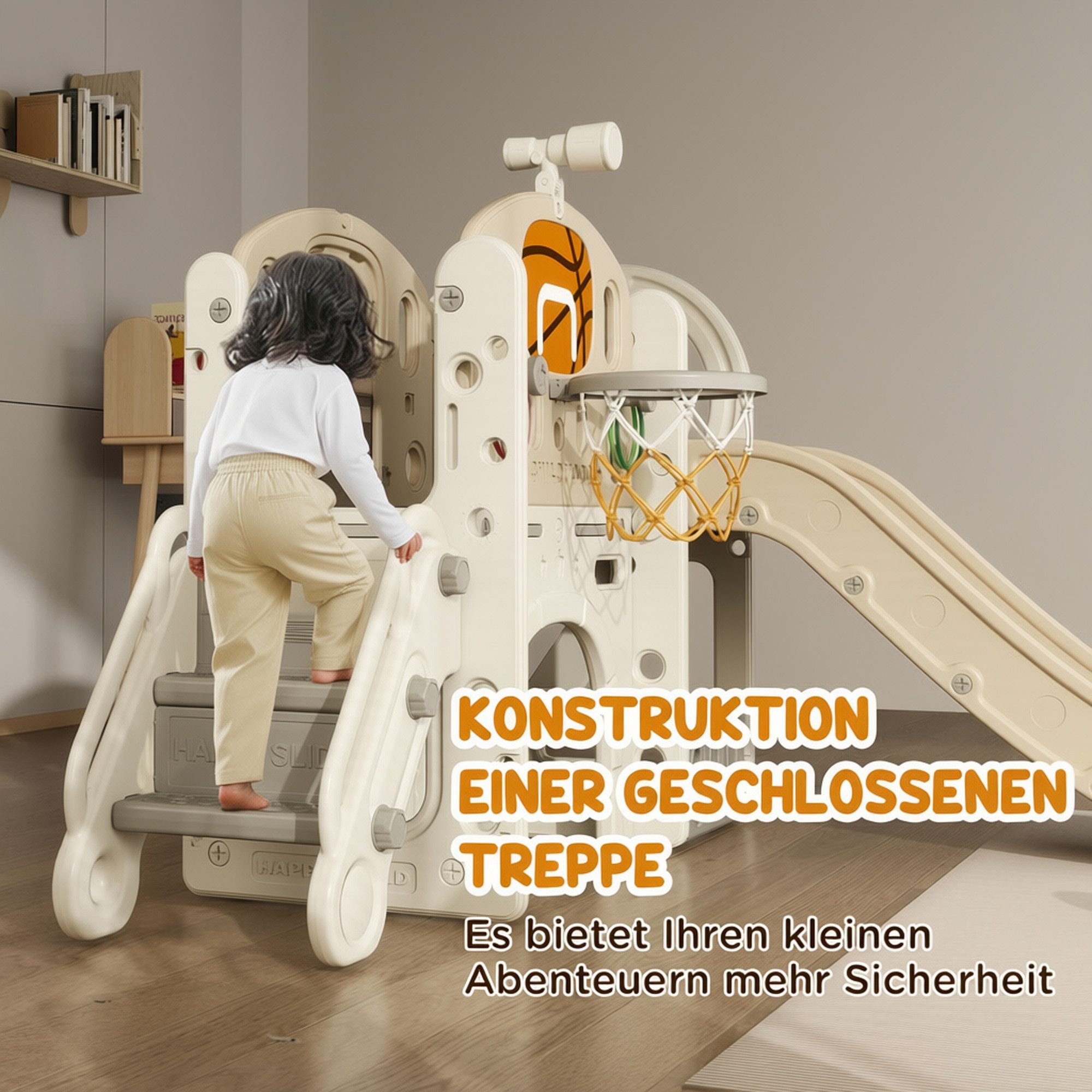 AIYAPLAY Rutscher Klettergerüst mit Teleskop, Tunnel und Aufbewahrungskorb, (Kinderrutsche, 1-tlg., Kleinkinderrutsche), für 1 bis 6 Jahre Kinder – Bild 4 von 5