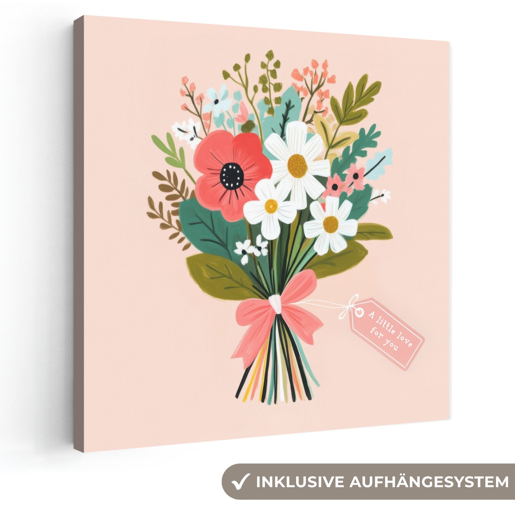 OneMillionCanvasses® Leinwandbild Blumenstrauß - Schleife - Karte - Zitat - Muttertagsgeschenk, Fotodruck (1 St), Wandbild, Deko Schlafzimmer Wohnzimmer Flur 20x20 cm