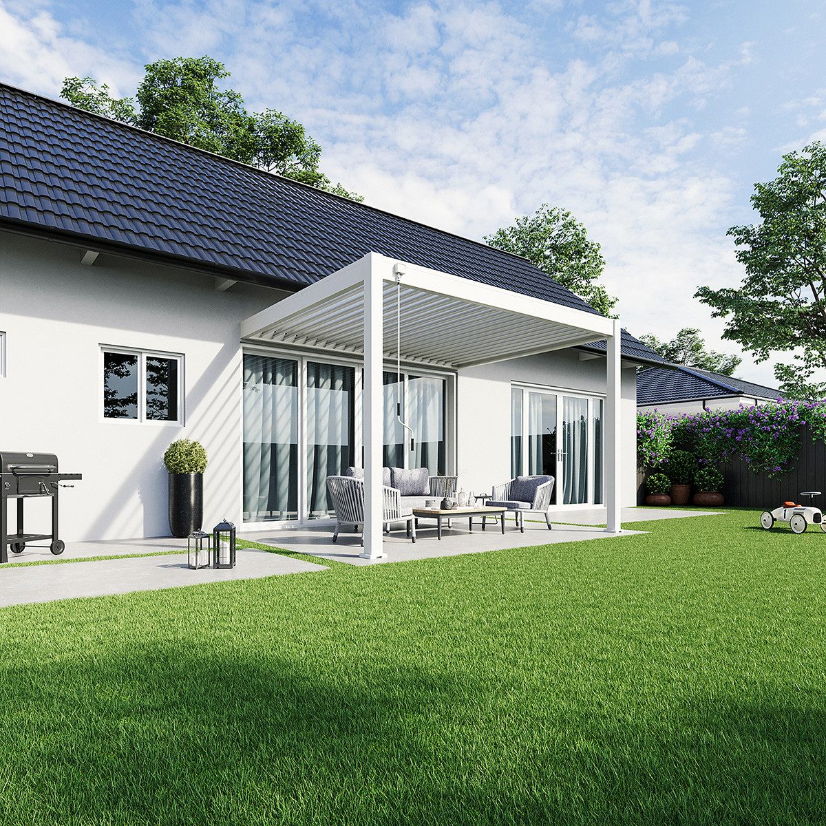 Weide Pergola Deluxe Wand Pavillon Terrassenüberdachung Aluminium 3 x 3,6 M weiß, BxTxH: 360x300x255 cm, (Hochwertigstes Aluminium & verzinkte Stahl-Lamellen, Komplettset)