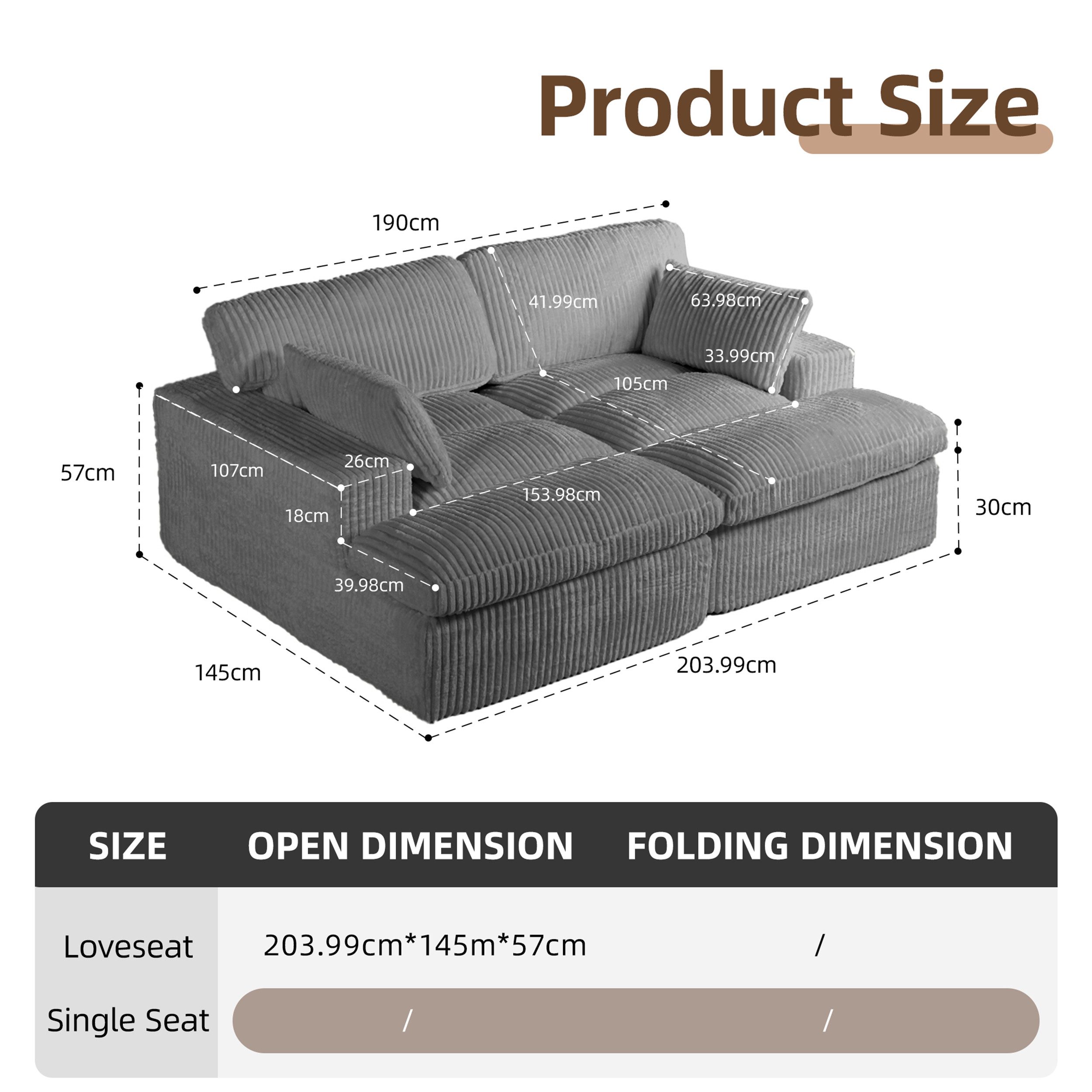 Leawin Sofa Cordsofa 2-Sitzer mit Bettfunktion, modernes Schlafsofa für Wohnzimmer, Weicher Cordbezug, flexible Kombination & ideal für kleine Räume