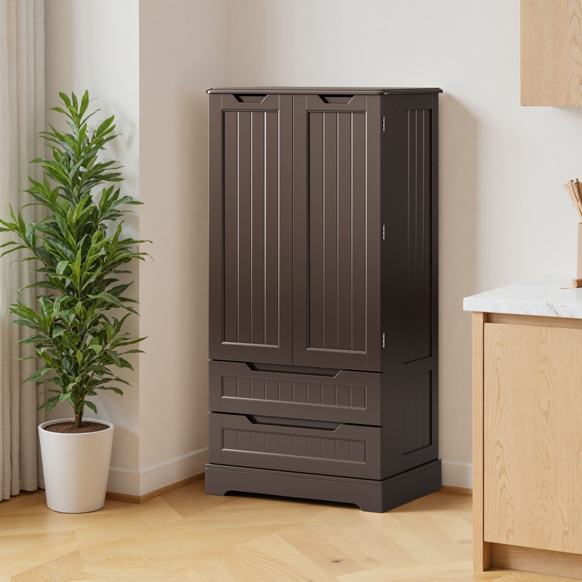 Bealife Sideboard hoher Küchenschrank mit 2 Schubladen und 2 Türen, Vorratschrank, Weiß – Bild 3 von 5