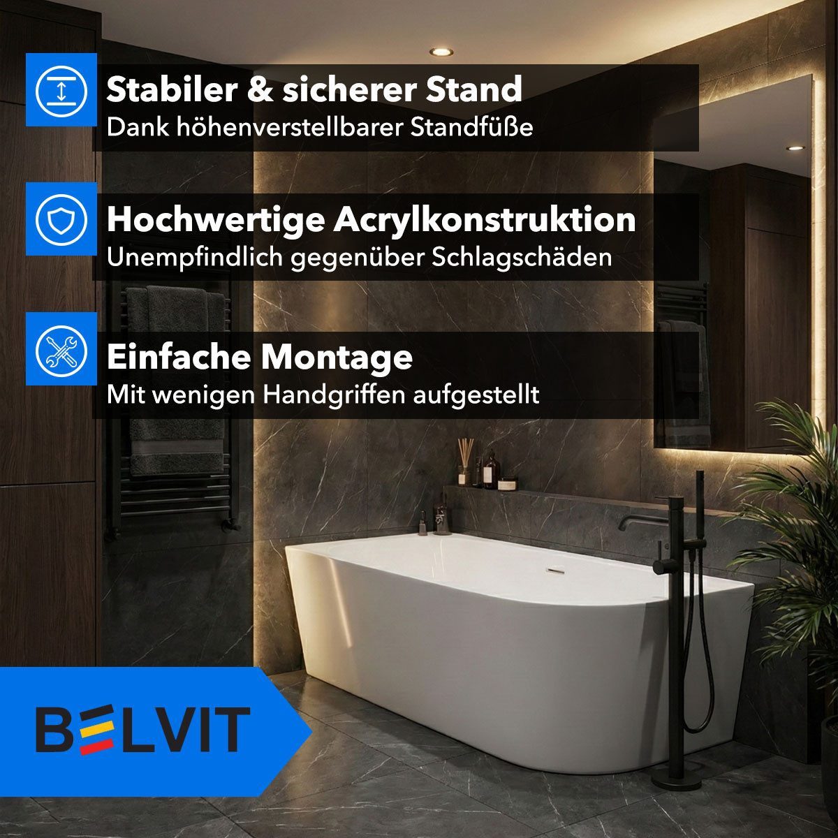Belvit Badewanne halbfreistehend & freistehend aus Acryl – Eckbadewanne oder oval, Links, Mittig & Rechts, in 180x80 - 170x78 cm, mit Ablaufgarnitur – Bild 3 von 5