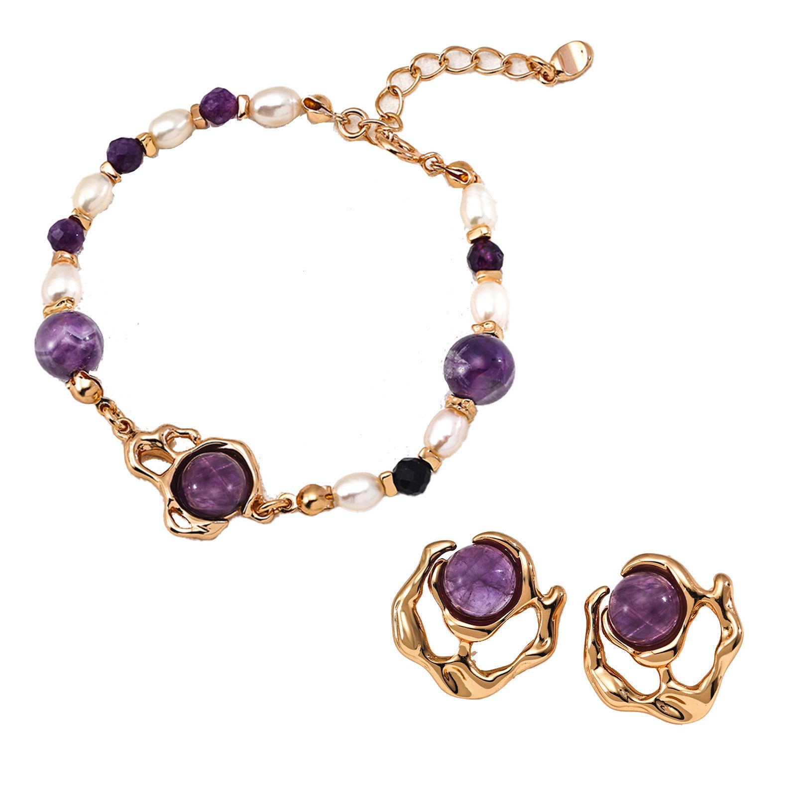 Jumpeak Schmuckset ohrringe silber925,amethystohrringe,armband silber925,amethystarmband (Armband und Ohrringe im Set(mit Schachtel), 18k vergoldet,perlen armband,damen geschenk,schwester geschenk