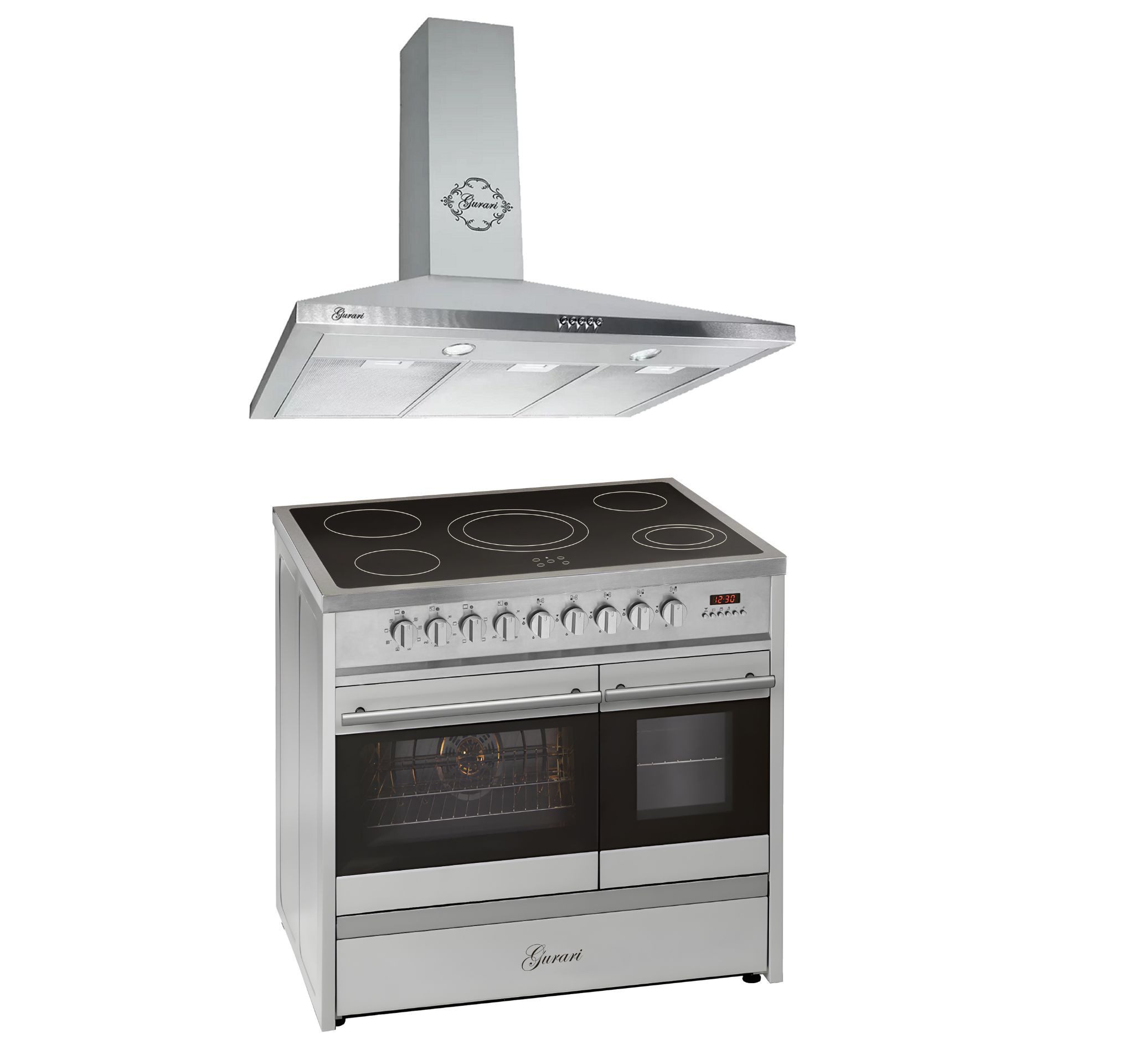 GURARI Elektro-Standherd 90 cm, Doppelbackofen, 5 Kochzonen, Range Cooker+Dunstabzugshaube 90 cm, aus Edelstahl, 1000m³/h GCH E 912 DF X+GCH 147 IS 9, mit 1-fach-Teleskopauszug