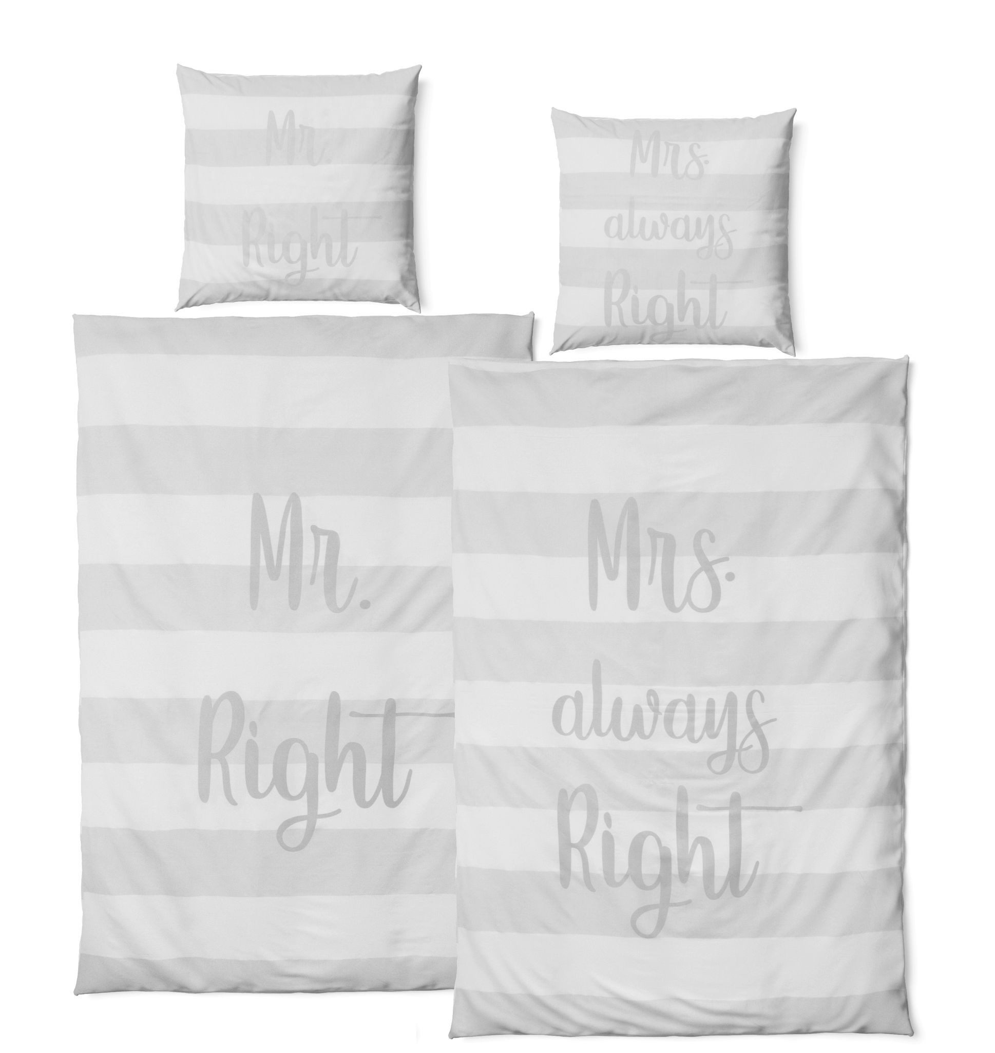 Bettwäsche 4 tlg Satin Bettwäsche Partnerbettwäsche Mr. Right + Mrs. always Right