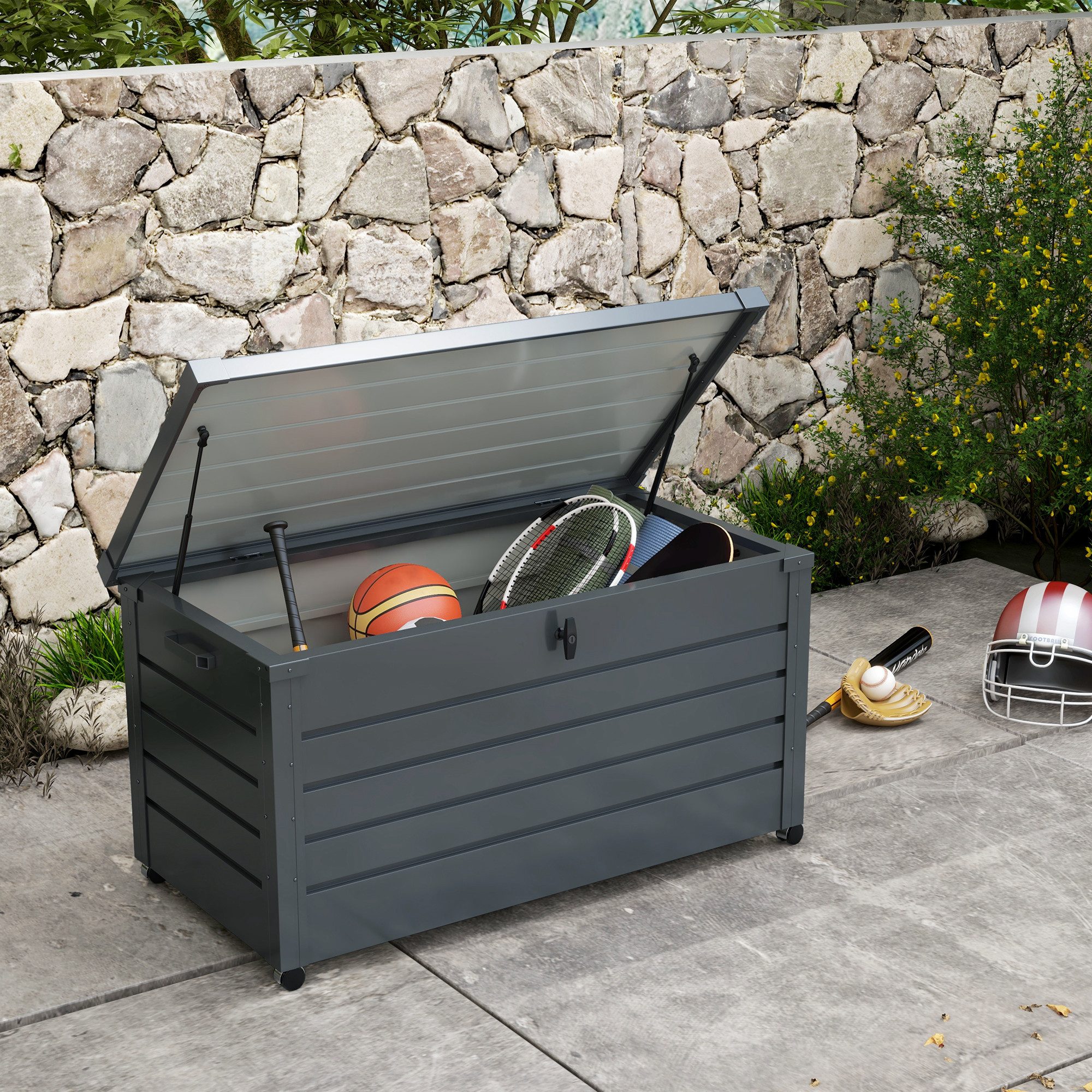Outsunny Gartenbox Metall 295 Liter Auflagenbox mit Griffen Rollen Schloss (311 Liter Auflagenbox, 1 St., Wasserdicht Abschließbar Gartentruhe), für Garten Balkon 120 x 62cm Dunkelgrau