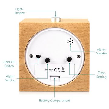 Navaris Wecker Holz Wecker mit Snooze - Retro Uhr im Viereck Design - Naturholz
