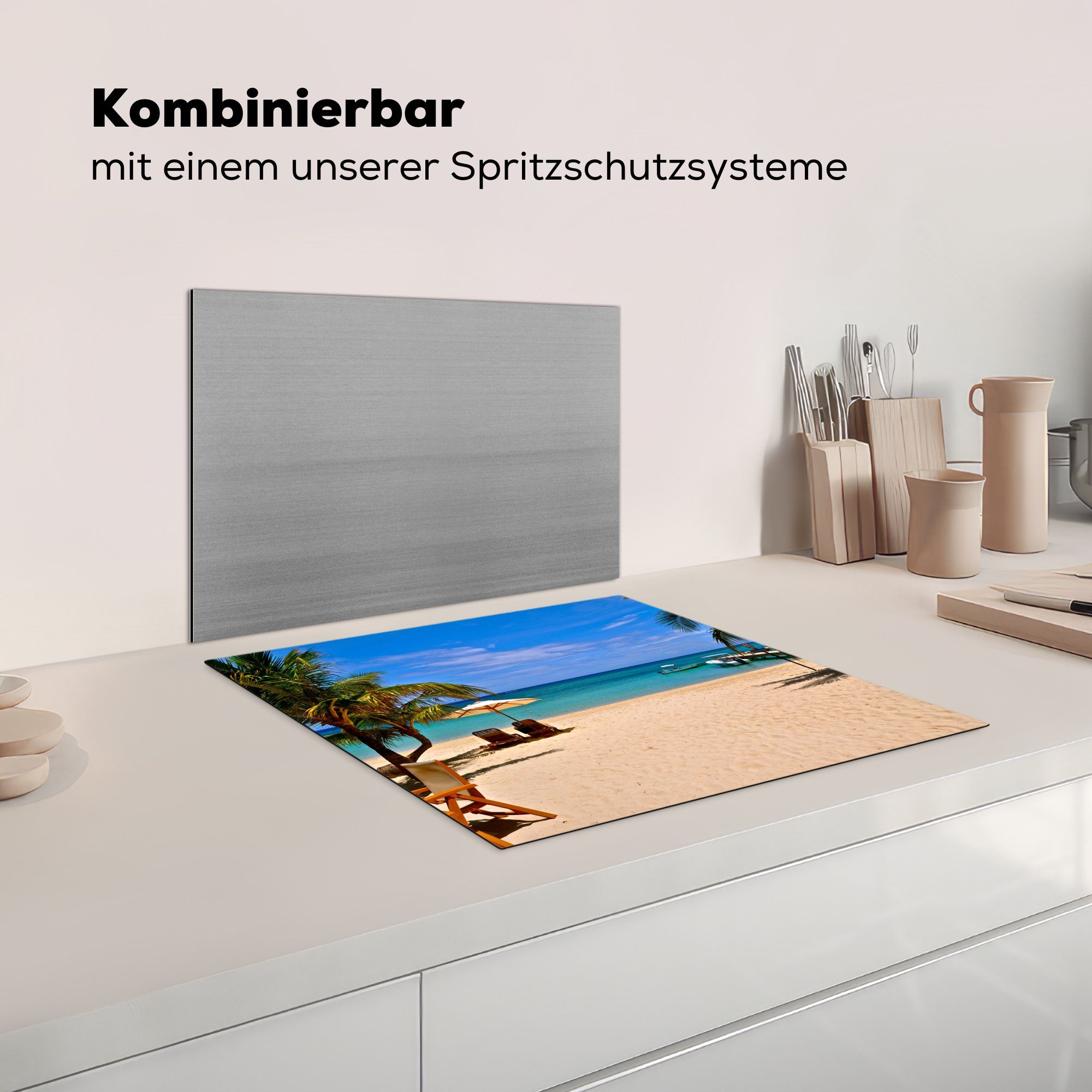 Induktionsmatte Palmen Sonnenschirm am mit Islands, (1 Herdblende-/Abdeckplatte cm, und der Liegestuhl die küche, Bay für tlg), MuchoWow Ceranfeldabdeckung Strand Vinyl, 59x52