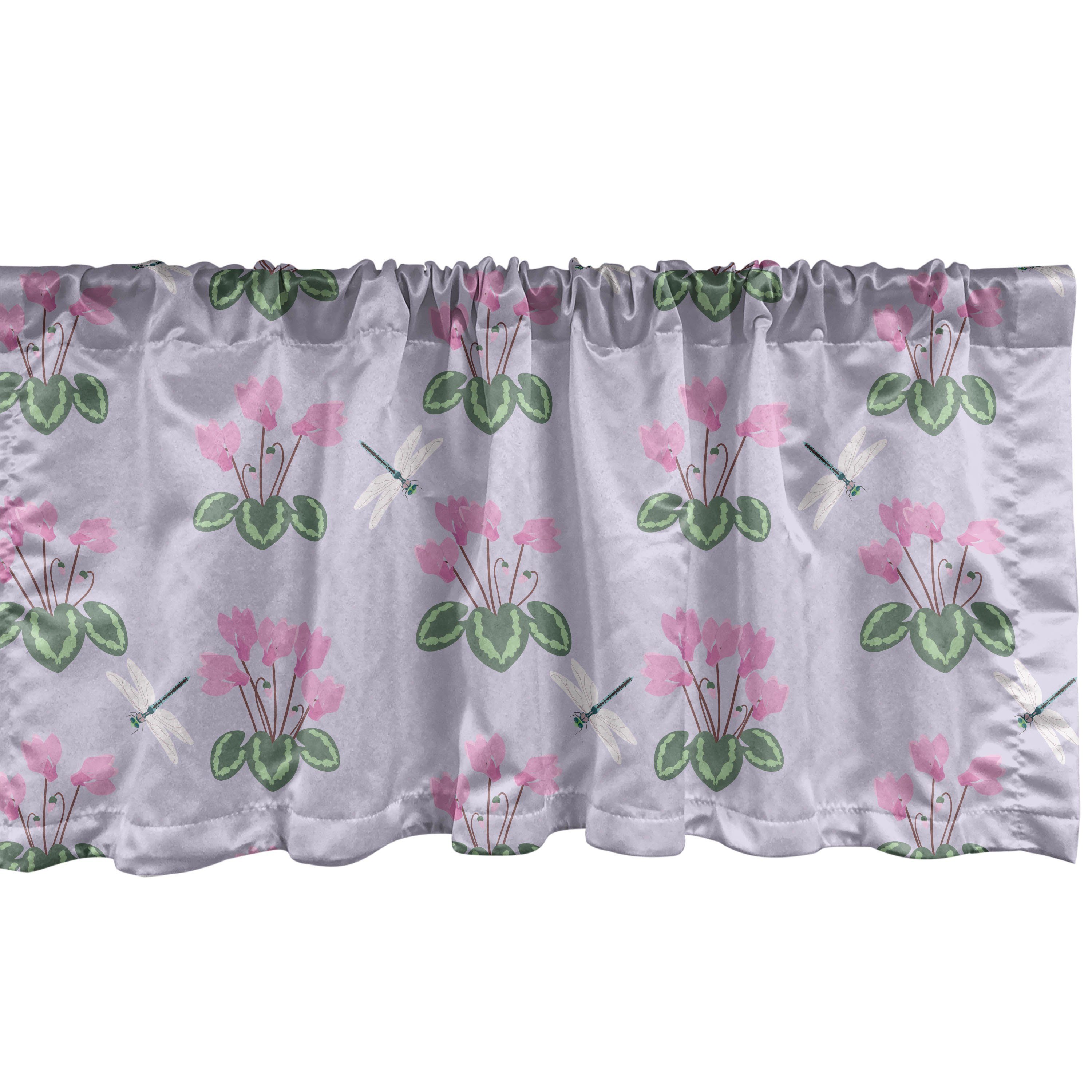 Scheibengardine Vorhang Volant für Küche Schlafzimmer Dekor mit Stangentasche, Abakuhaus, Microfaser, Blumen Cyclamens und Libellen