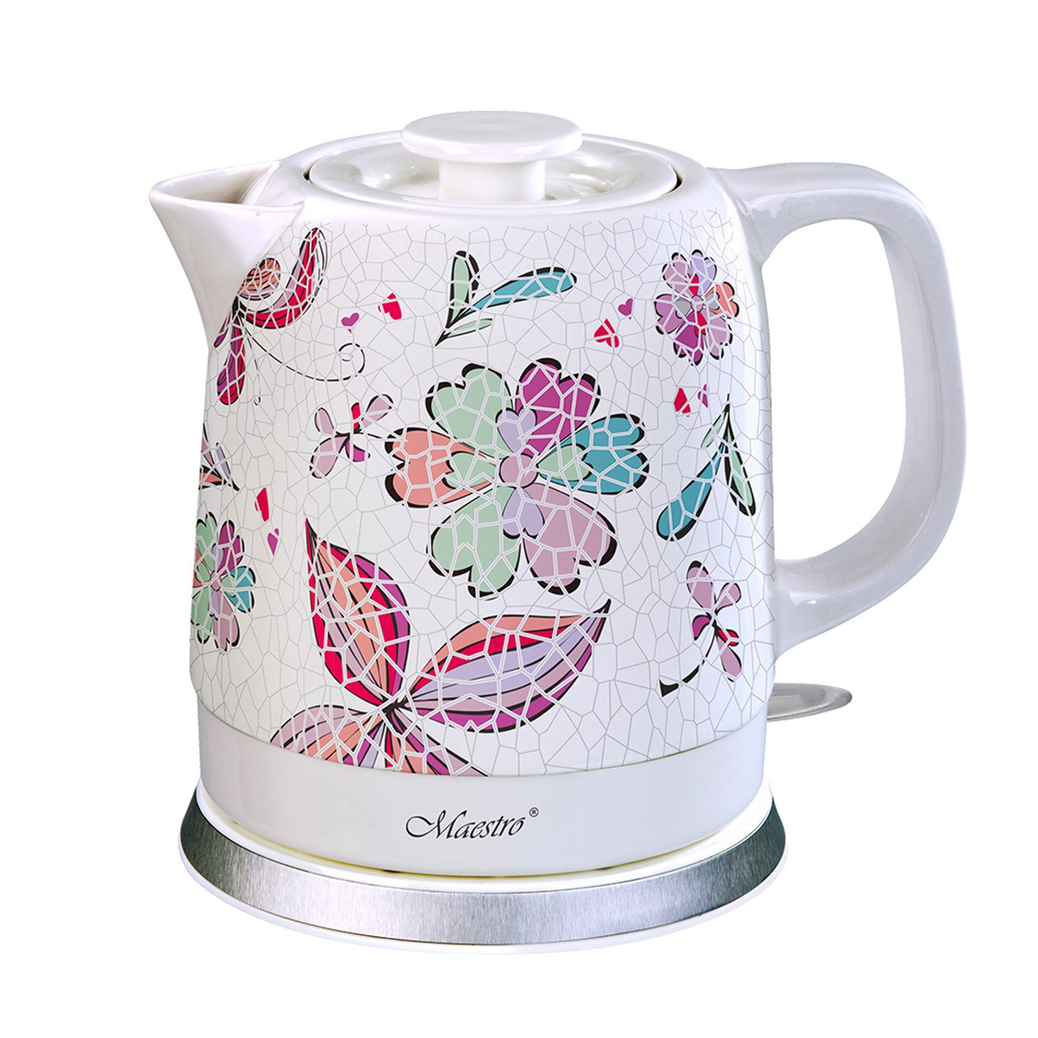 Feel Maestro Wasserkocher MR068 Elektrischer Keramikkessel 1,5L, 1.5 l, 1500 W, Wasserkocher mit Deckel Rotes Muster Blumen