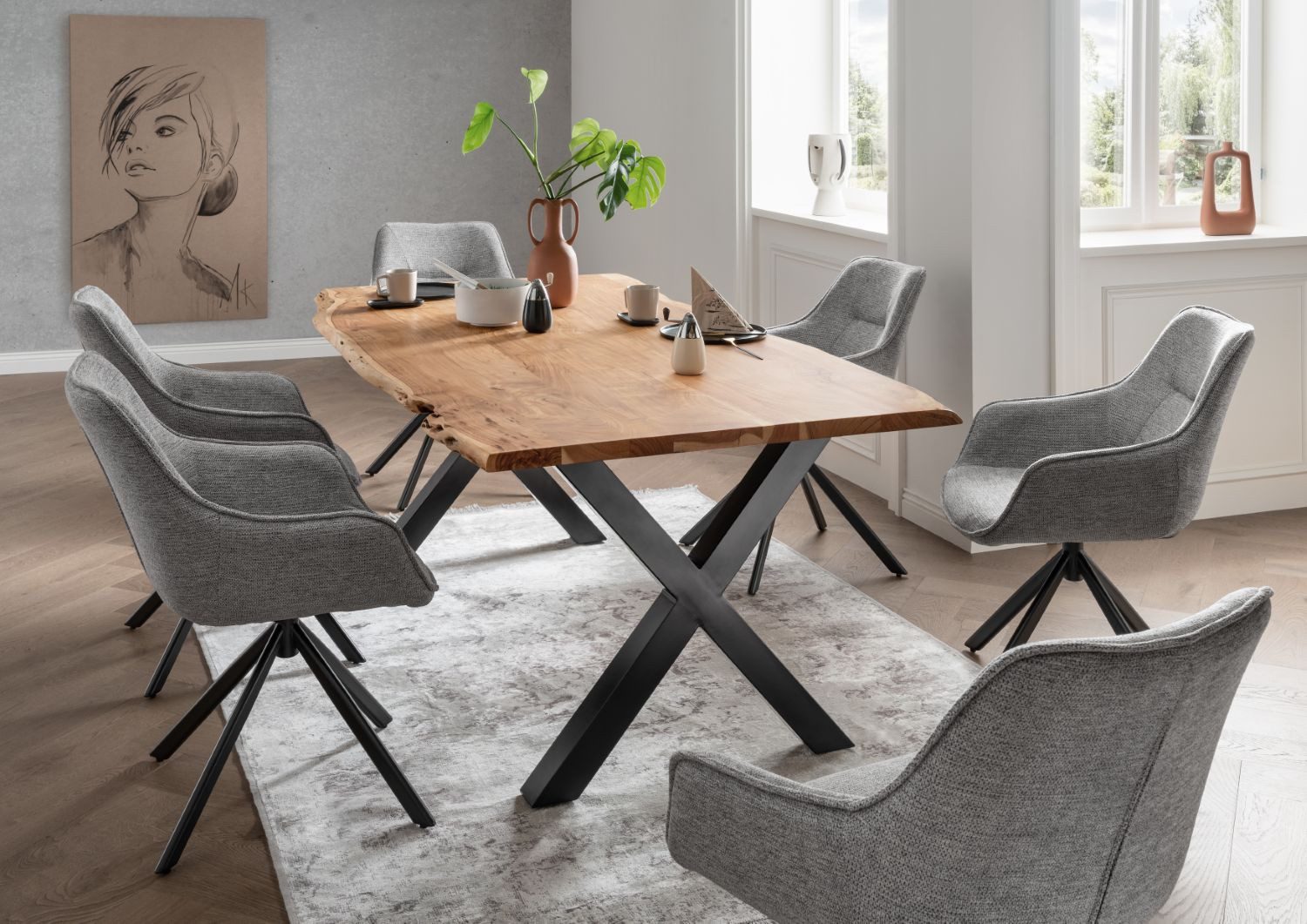 bene living Essgruppe Baumkantentisch Catania, 6er Set Diningsessel San Carlo hellgrau, (Indoormöbelset, 7-tlg), Akazienholz - Esszimmer, Wohnzimmer, Büro