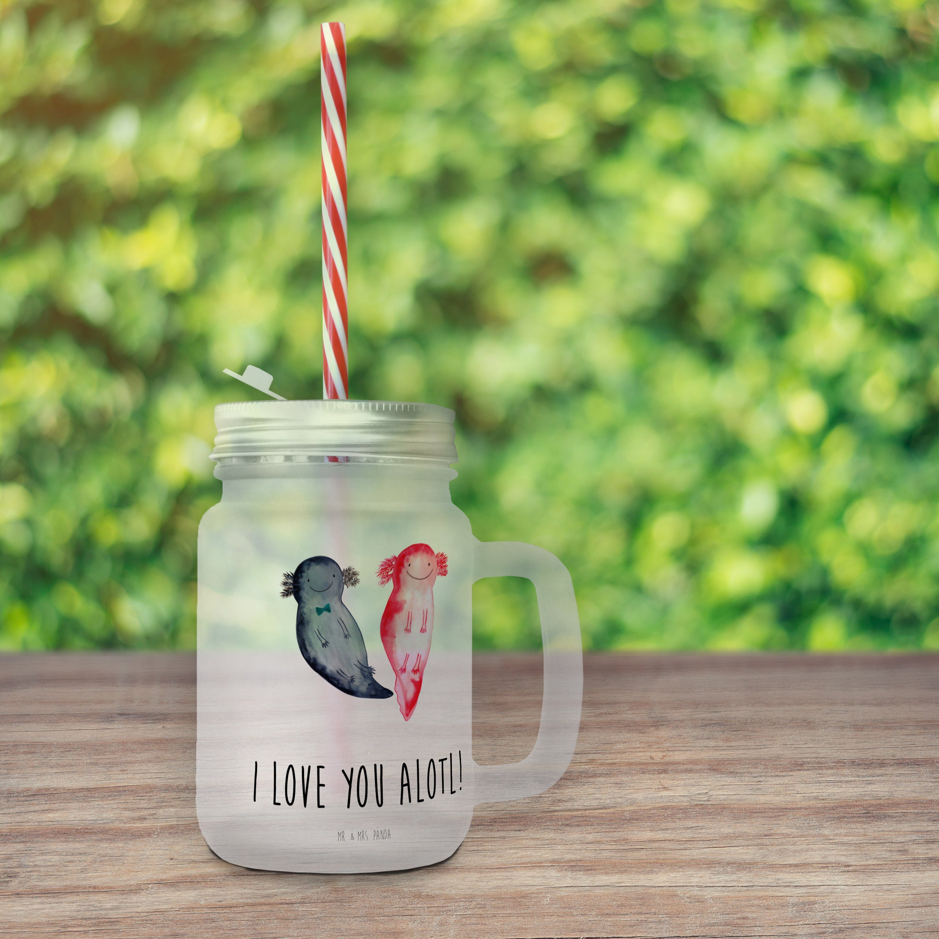 Mr. & Mrs. Panda Glas Axolotl Liebe - Transparent - Geschenk, Freundin, Freund, Mason Jar T, Premium Glas | Gläser