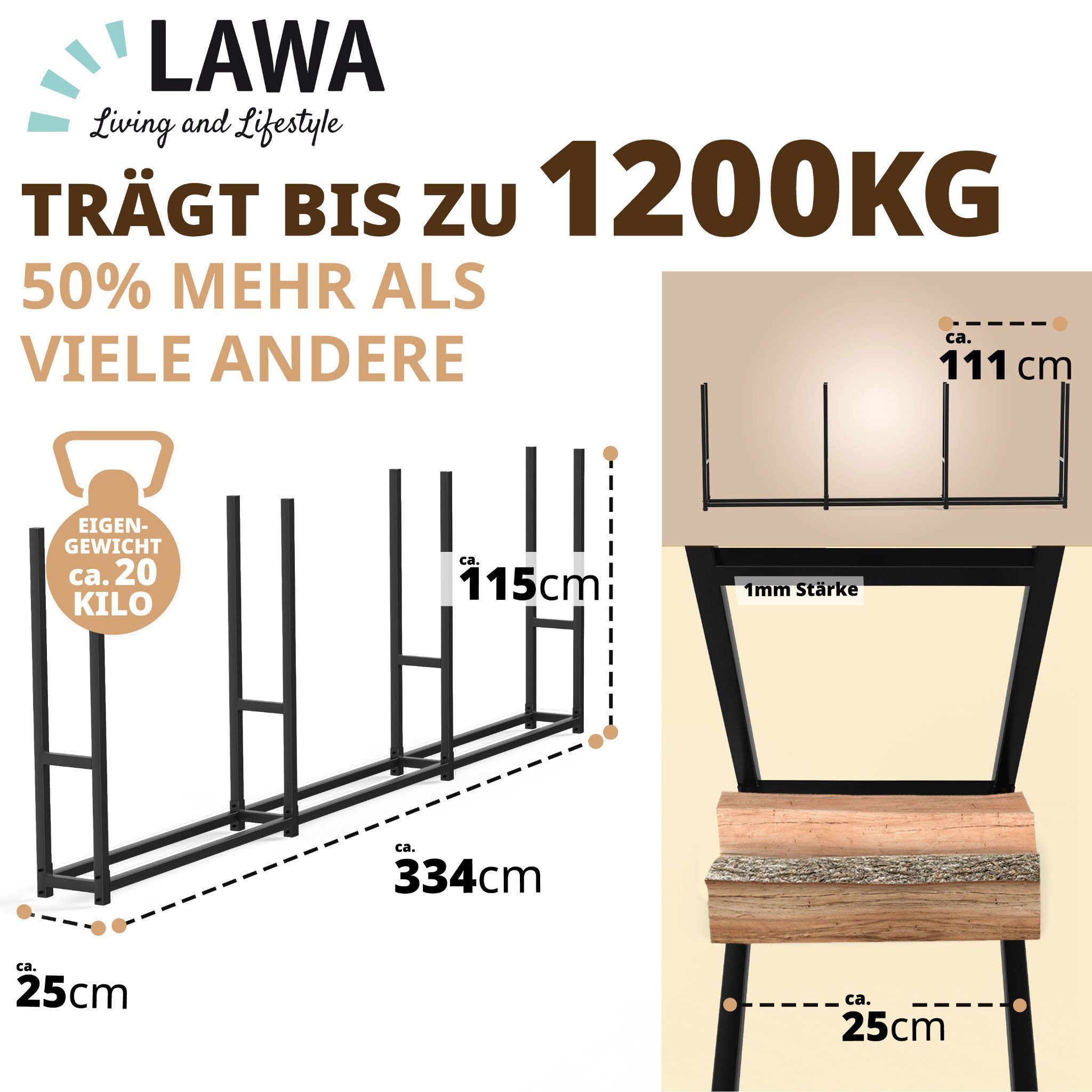 LAWA Living and Lifestyle Kaminholzregal außen Metall 25cm tief Stapelhilfe Brennholz Garten verzinkt schwarz, BxTxH:335.00x25.00x115.00 cm, verzinkt, wetterfest