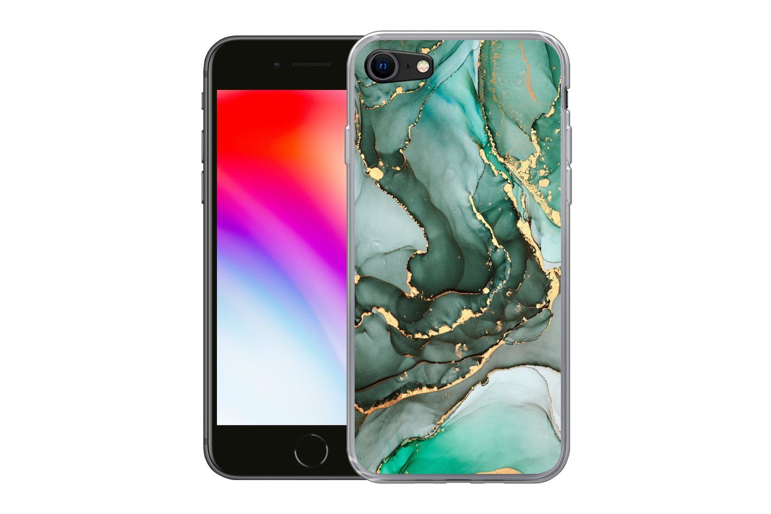 MuchoWow Handyhülle für Apple iPhone 8 Gold - Marmor - Grün - Luxus - Marmoroptik - Grau, Smartphone-Bumper, Print, Handy Schutzhülle Dünn