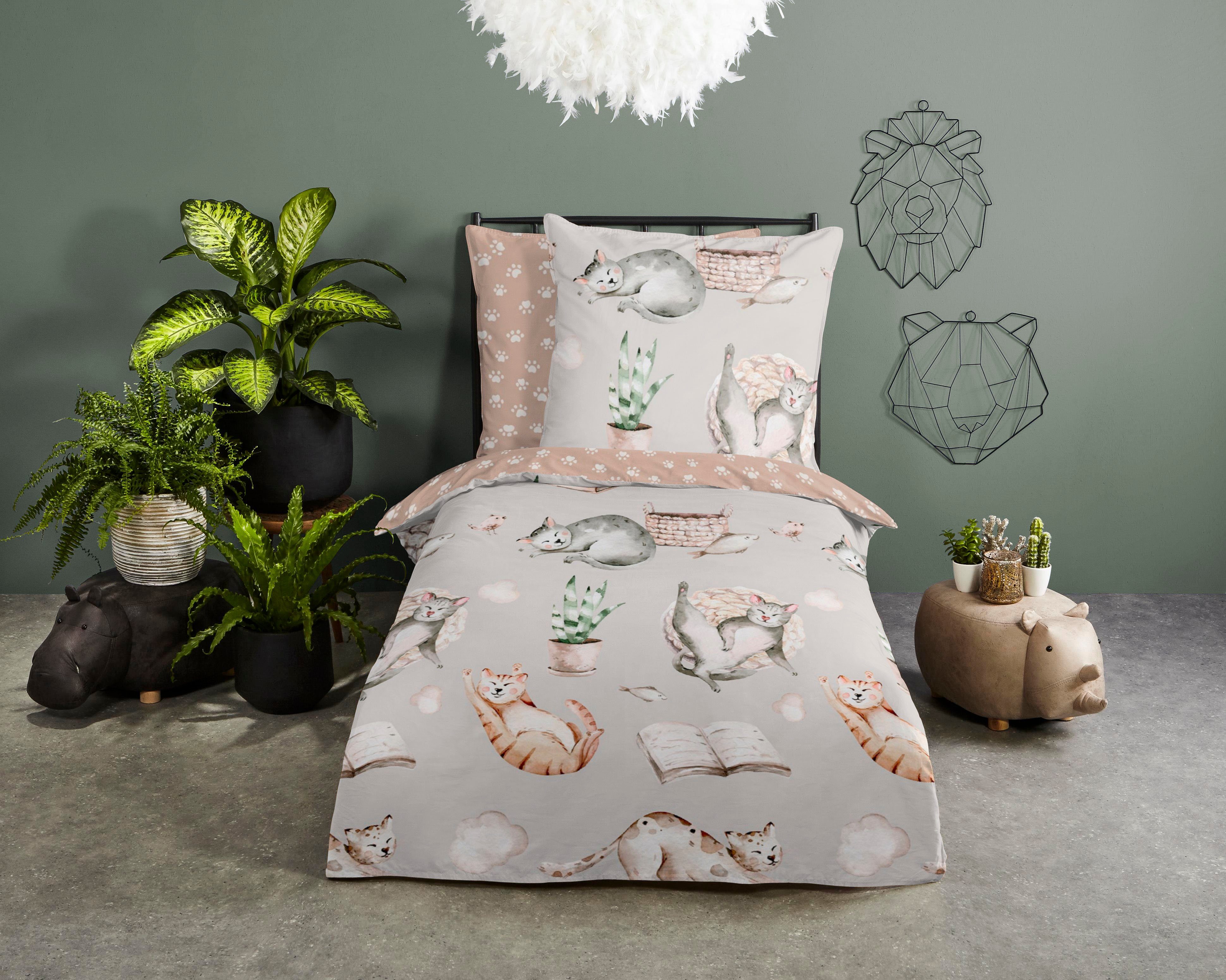 good morning Kinderbettwäsche Catlife, Renforcé, 2 teilig, Baumwolle, 135x200, Reißverschluss, Wendeoptik, Kind, Katze, Grau